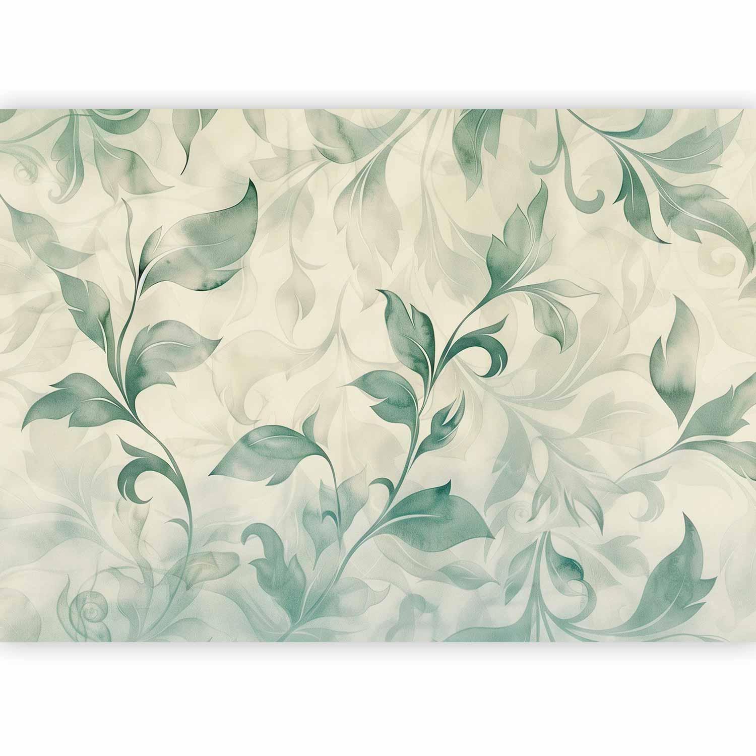 Papier peint - Watercolor Botanical Motif Delicate Green-Beige Leaves