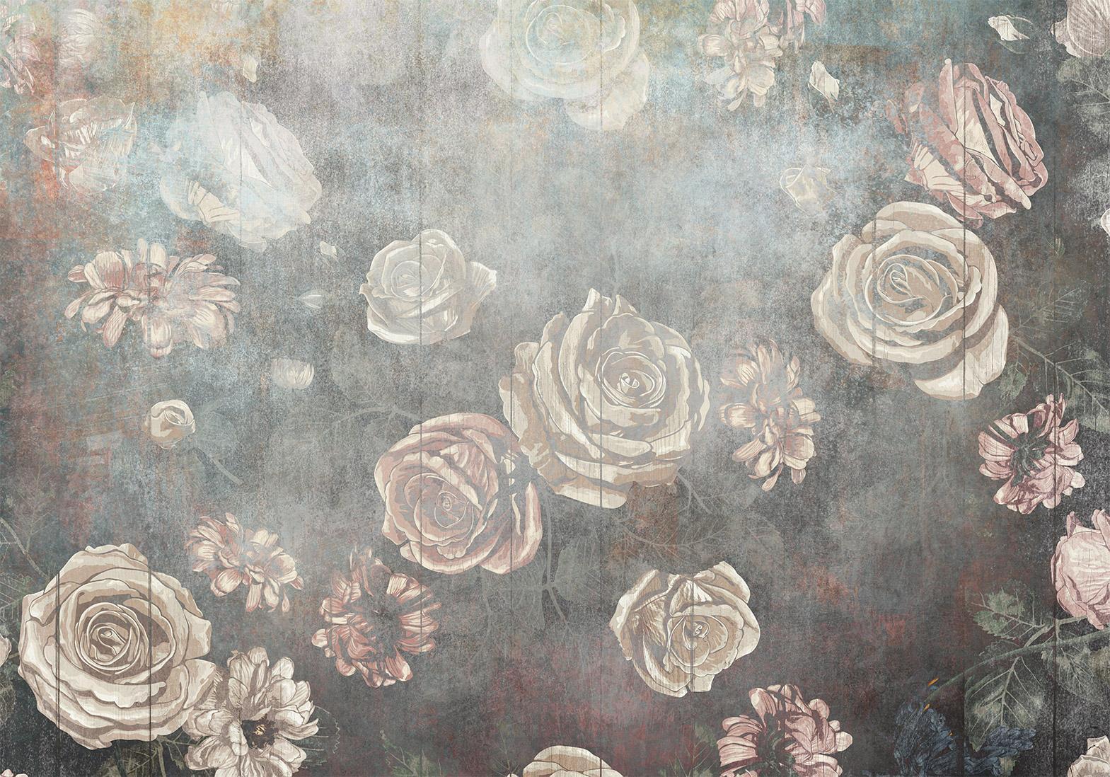 Papier peint - Misty nature - muted rose flowers on a background in grey tones