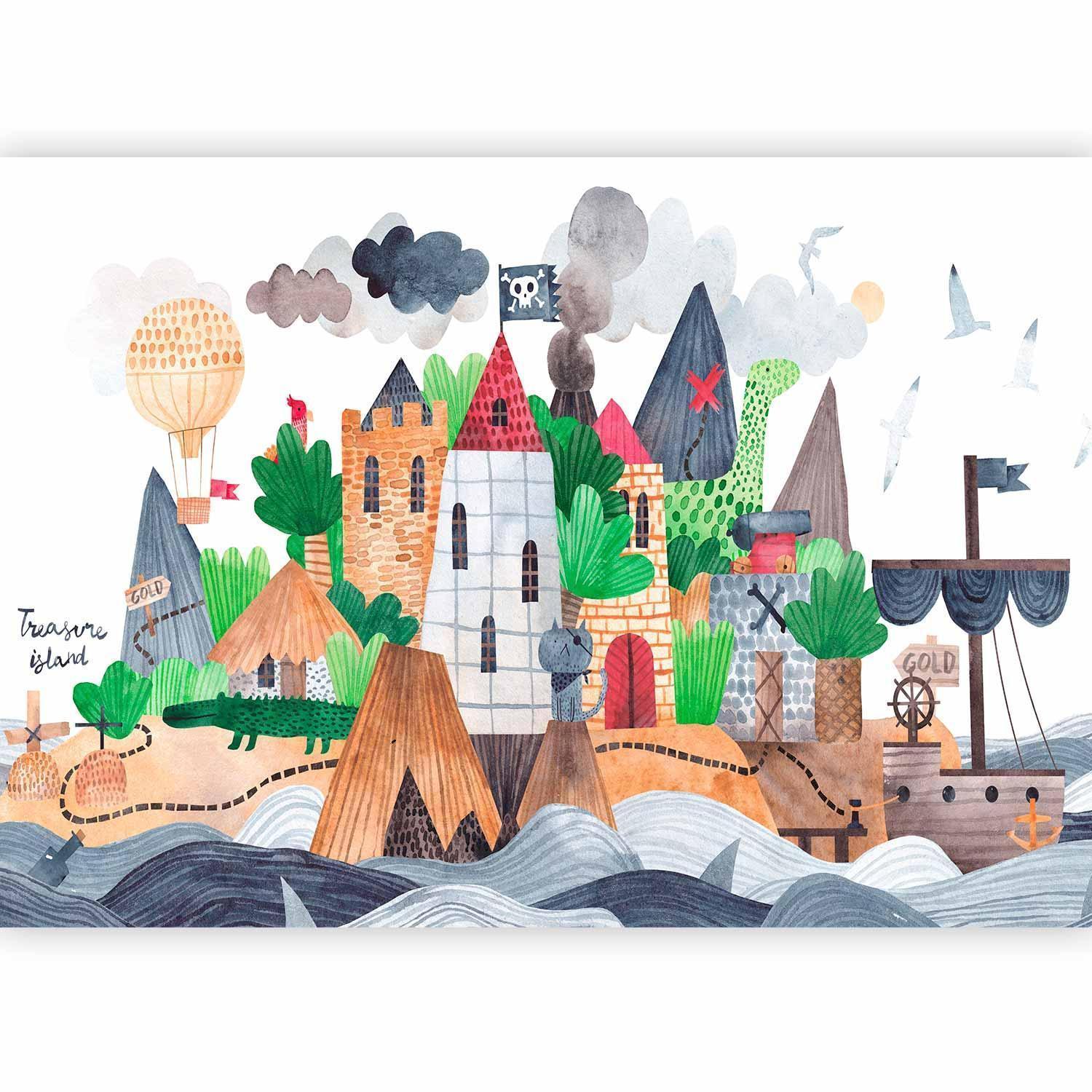 Papier peint - A colourful treasure island with a castle - a pirate ship at sea for children