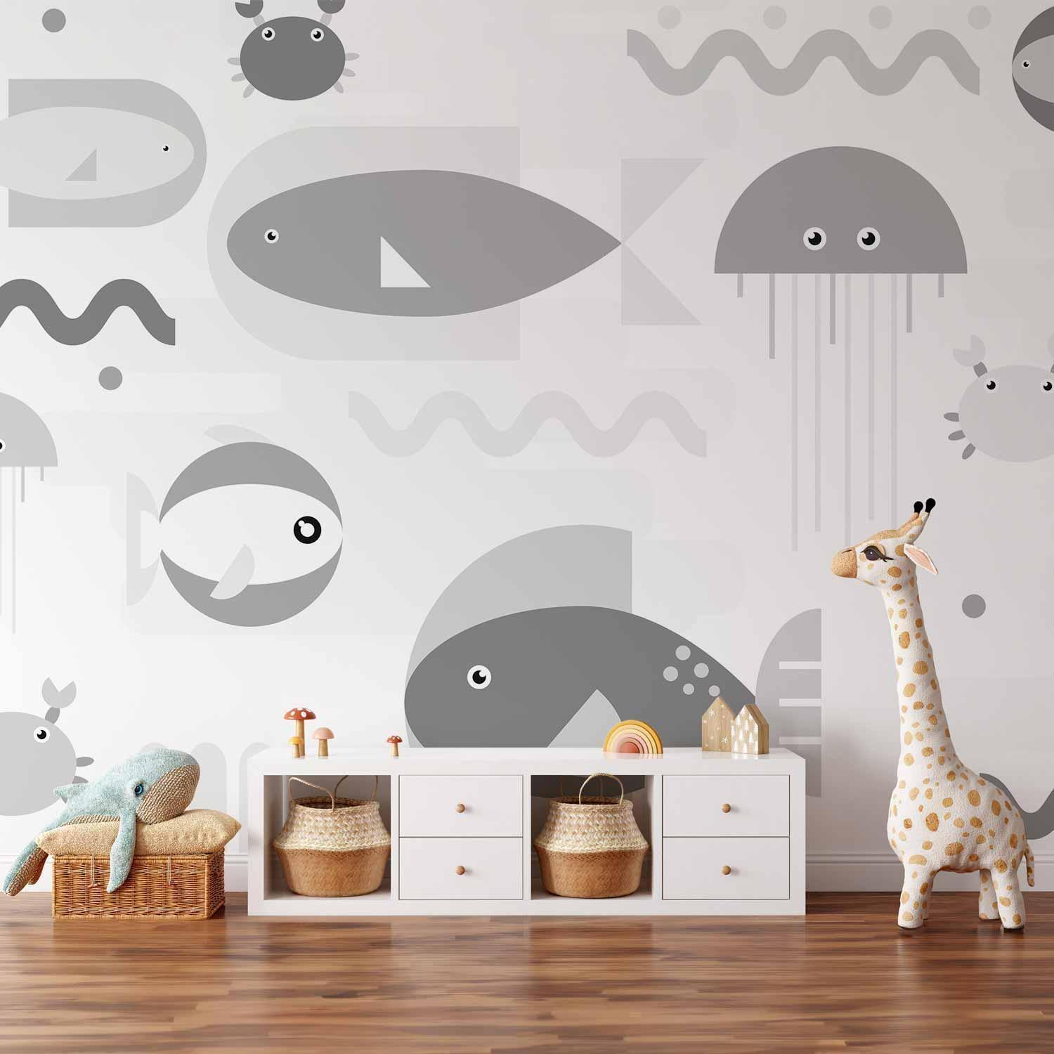 Papier peint - Minimalist grey ocean - geometric fish in water for children