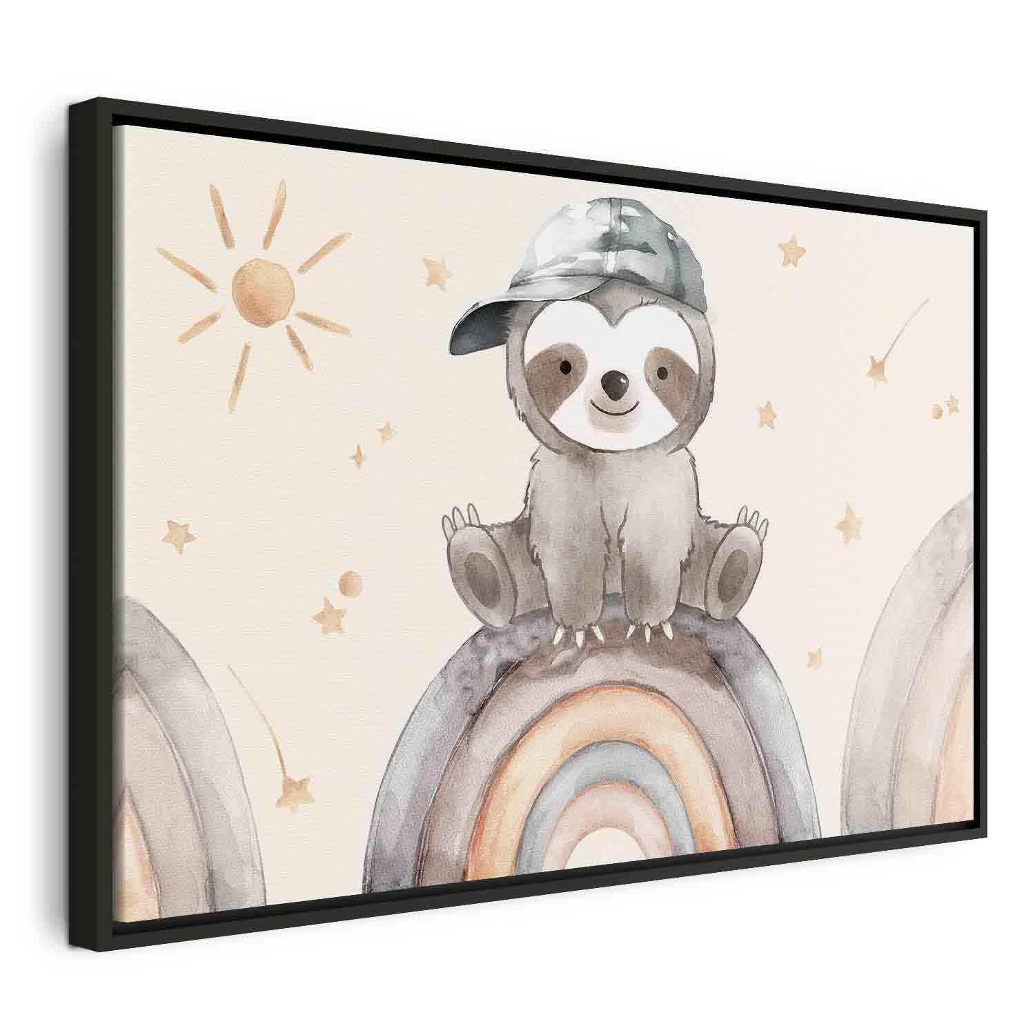 Tableau - Happy Sloth - Sloth in Subdued Colors Wearing a Cap Sitting on a Rainbow Among Little Stars