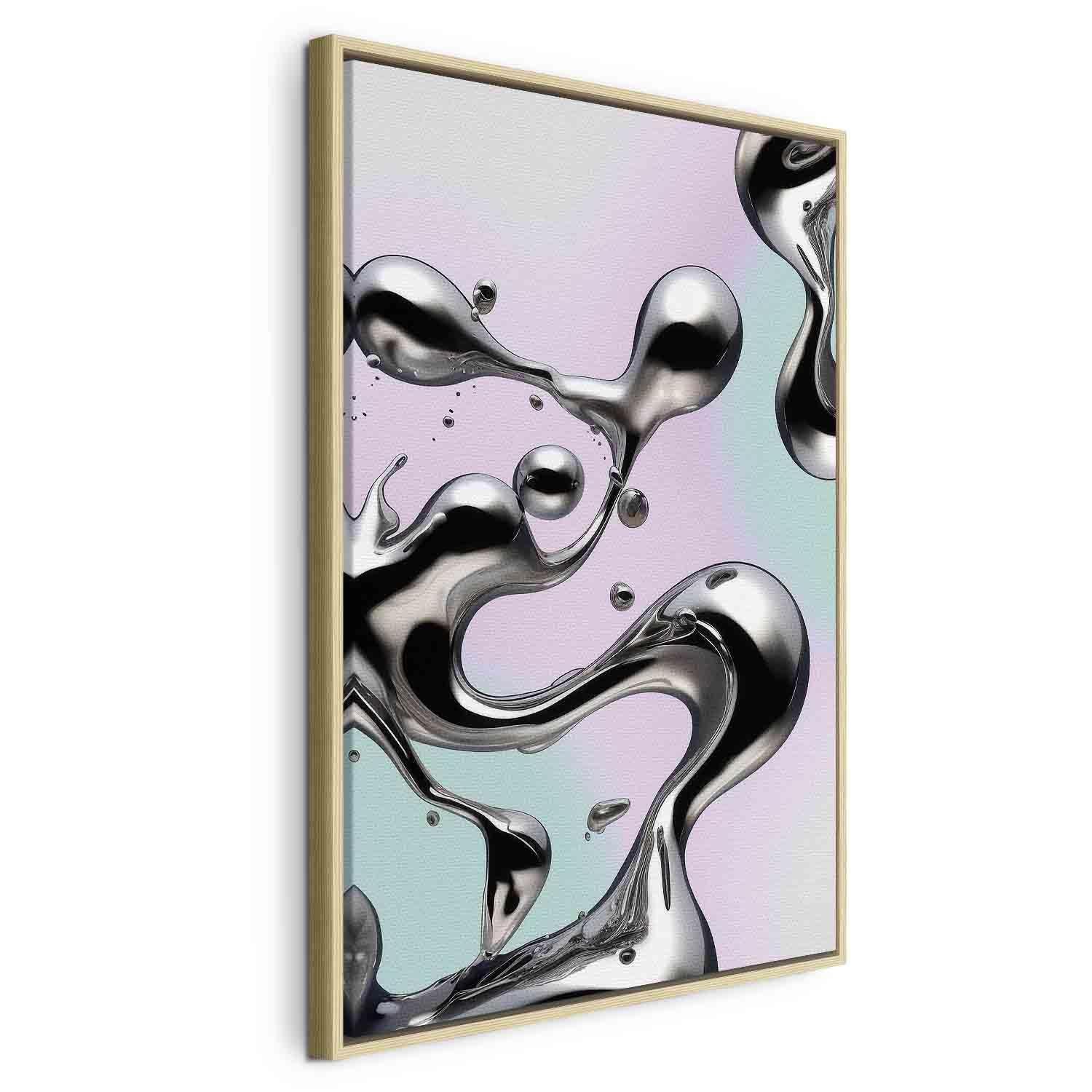 Tableau - Metallic Fluidity - Abstract Silver Forms on a Mint-Purple Background