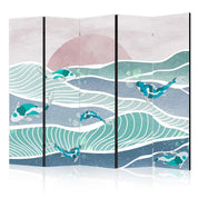 Paravent - Picturesque Landscape With Fish - Sunset And Koi Fish in Shades of Turquoise And Blue Floating Above The Water