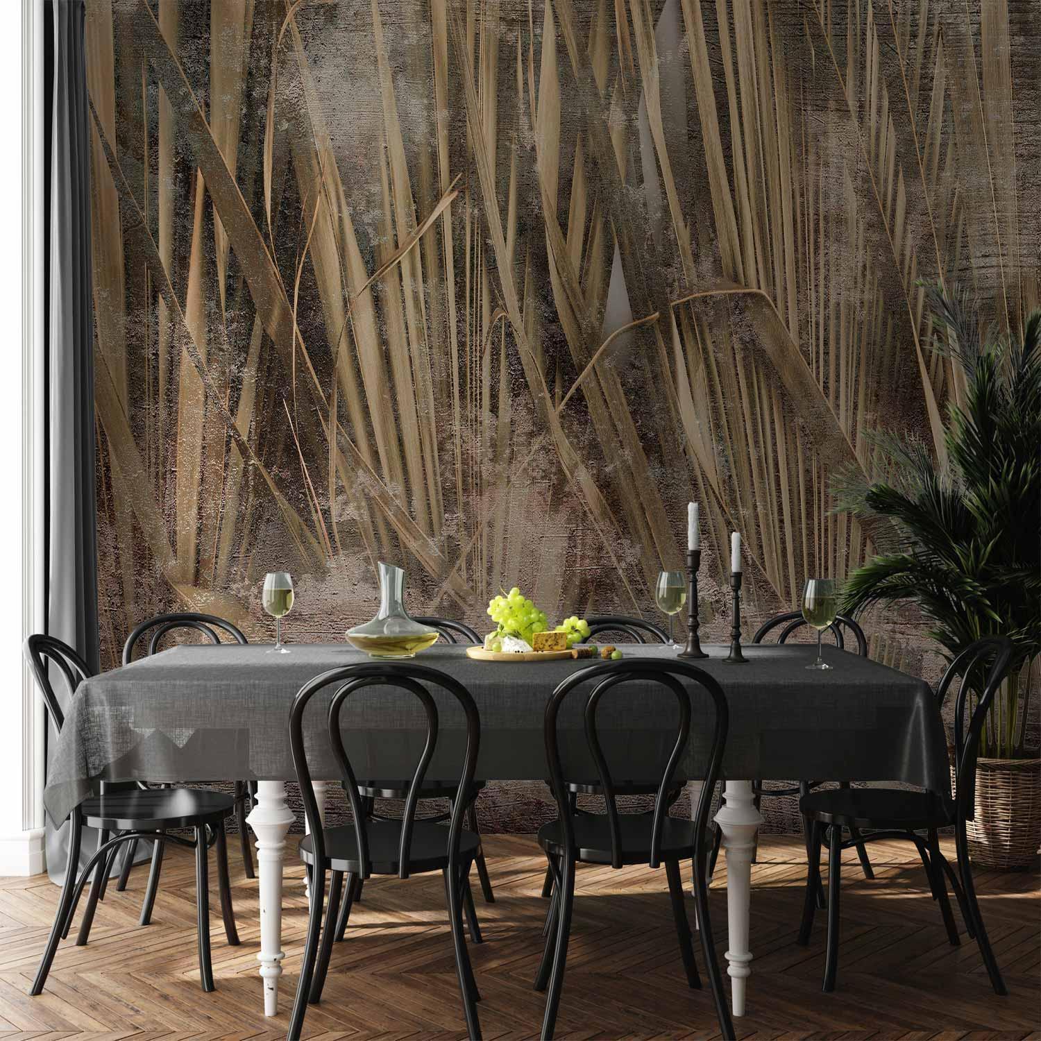 Papier peint - Dry leaves - landscape of tall grasses in boho style with paint patterns