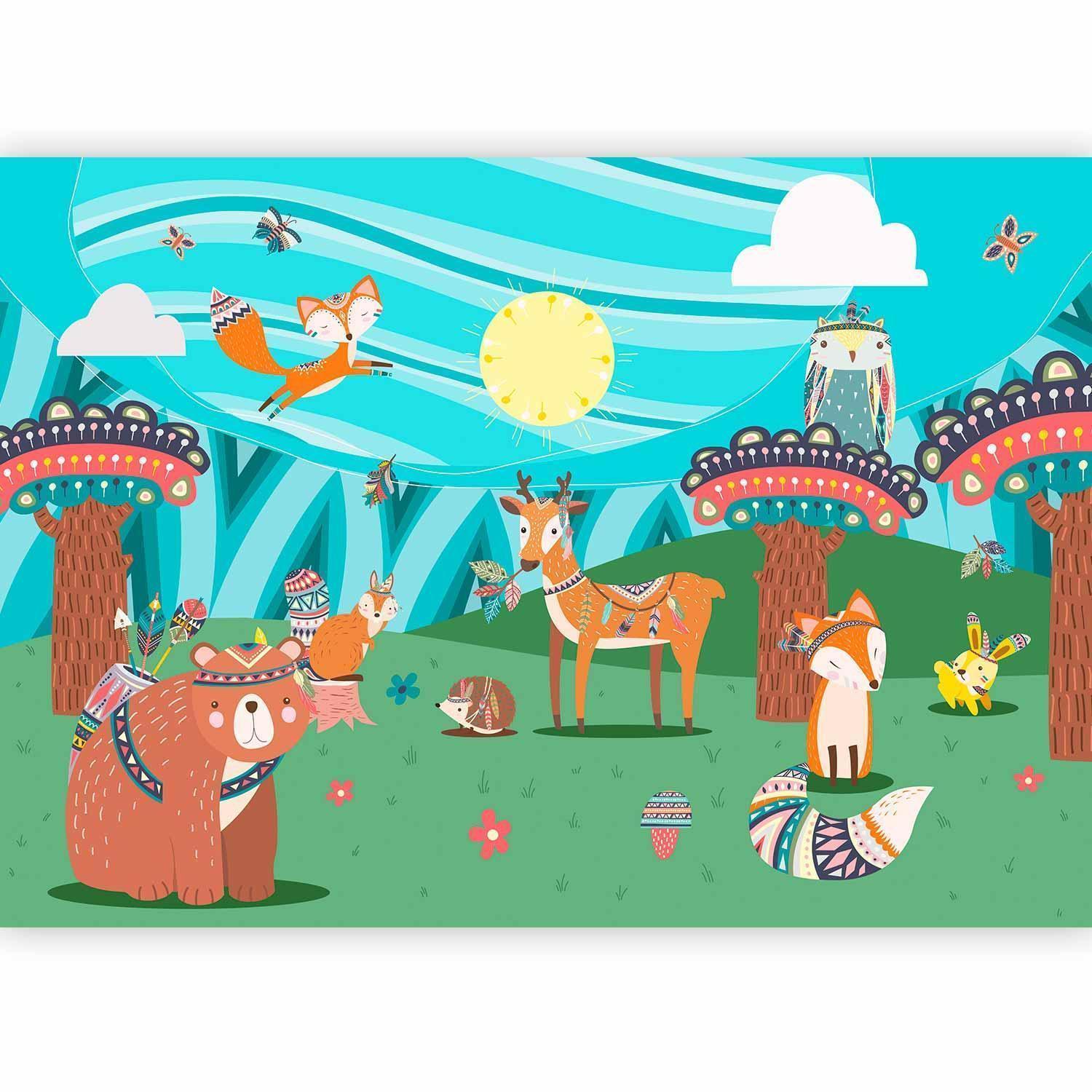 Papier peint - Adventures in the forest - forest animals in an Indian theme for children