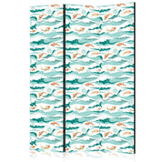 Paravent - Fish Leaping Above the Waves - Oriental Fish and Water Lilies Among High Waves in Sea Green Colors