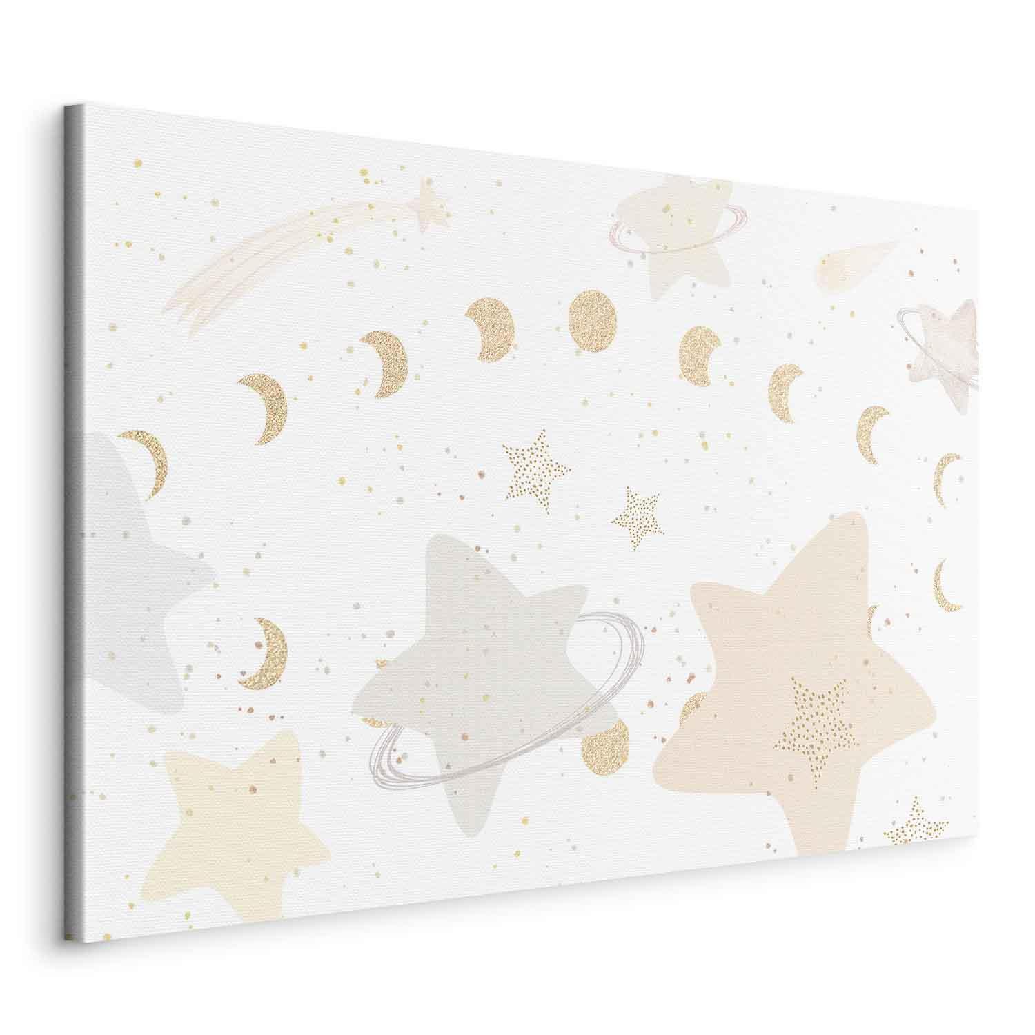 Tableau - Fairy-Tale Galaxy - Phases of the Moon in Yellow Tones Among Stars in Beige and Ash Colors with Stardust