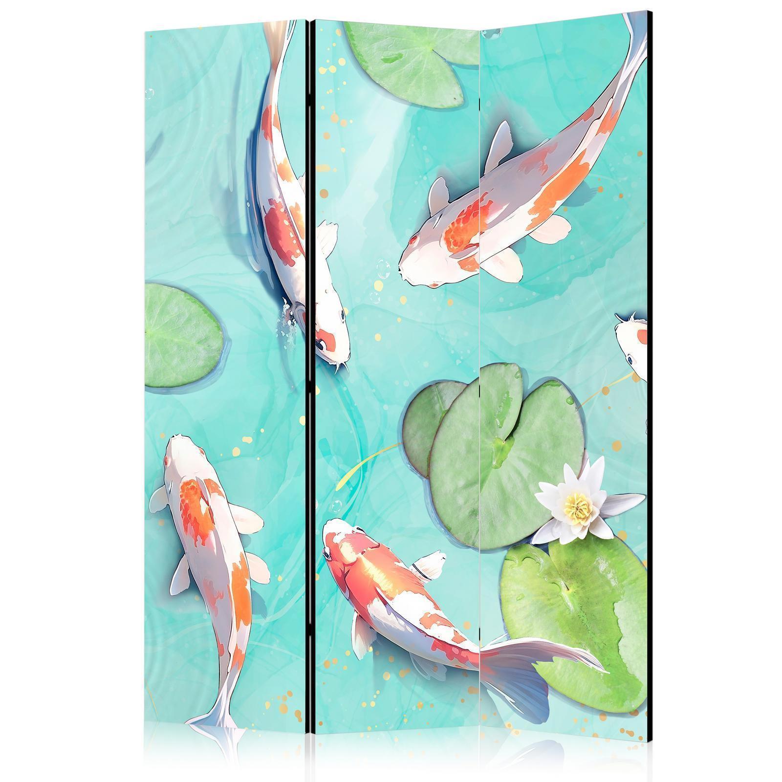 Paravent - Spectacular Fish - White-Orange Koi Fish Swimming in Crystal Clear Water with Water Lilies