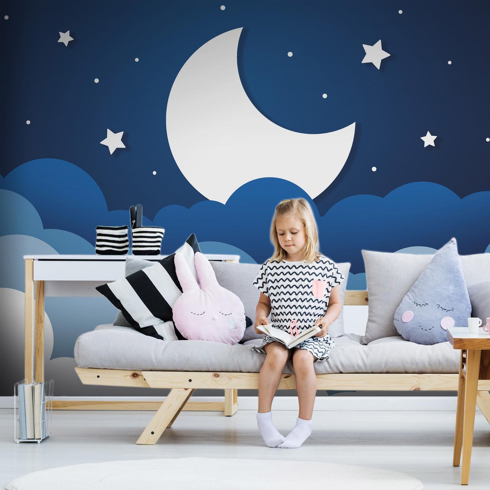 Papier peint - Moon dream - clouds on a dark blue sky with stars for children