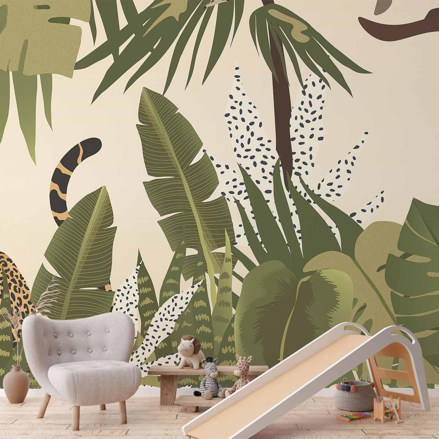 Papier peint - Leaves and Shapes - Jungle in Faded Colours With Animals