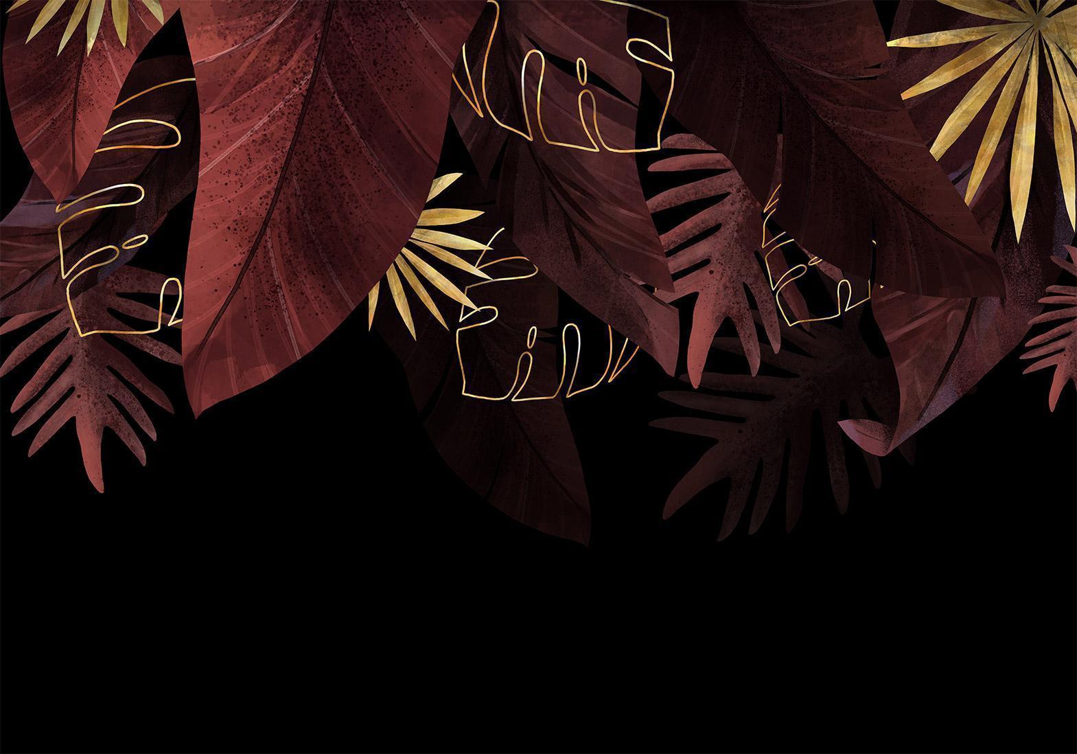 Papier peint - Jungle and composition - red and gold leaf motif on black background