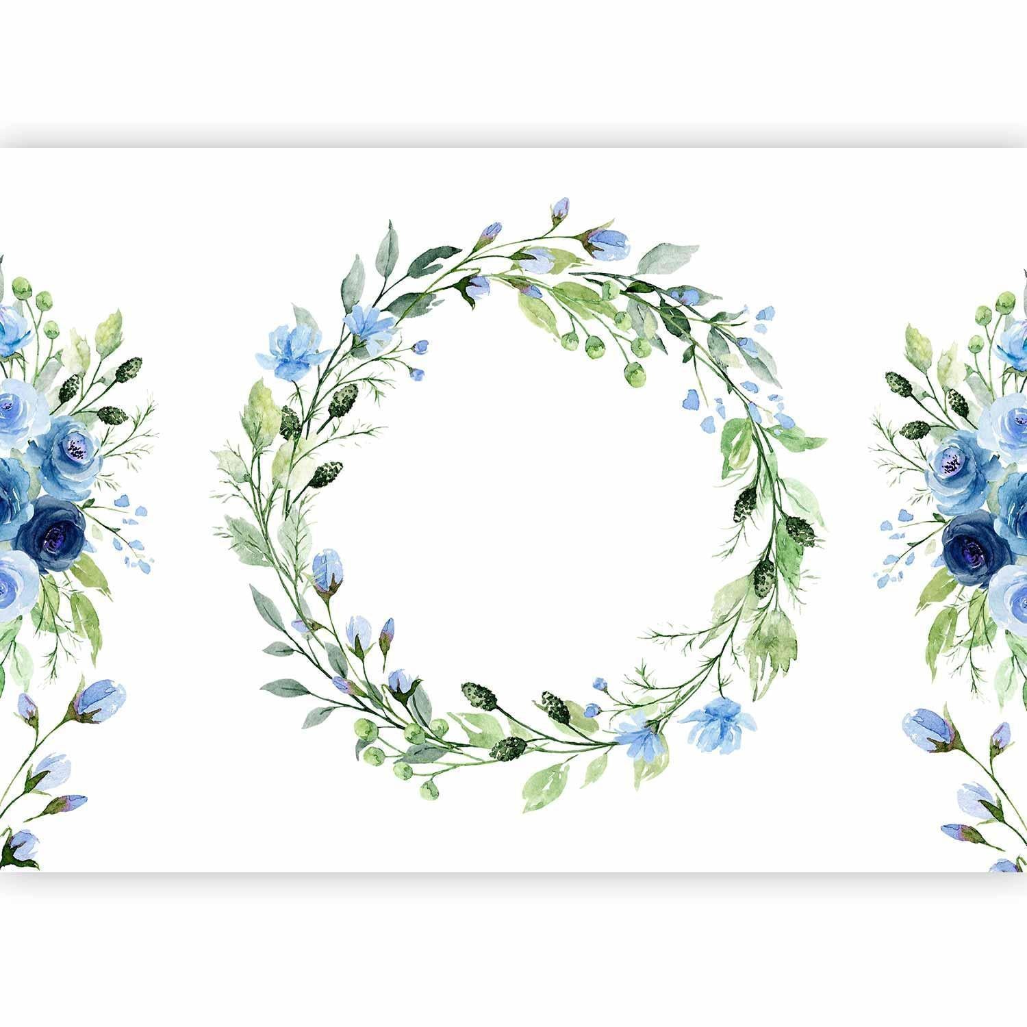 Papier peint - Romantic wreath - plant motif with blue flowers and leaves