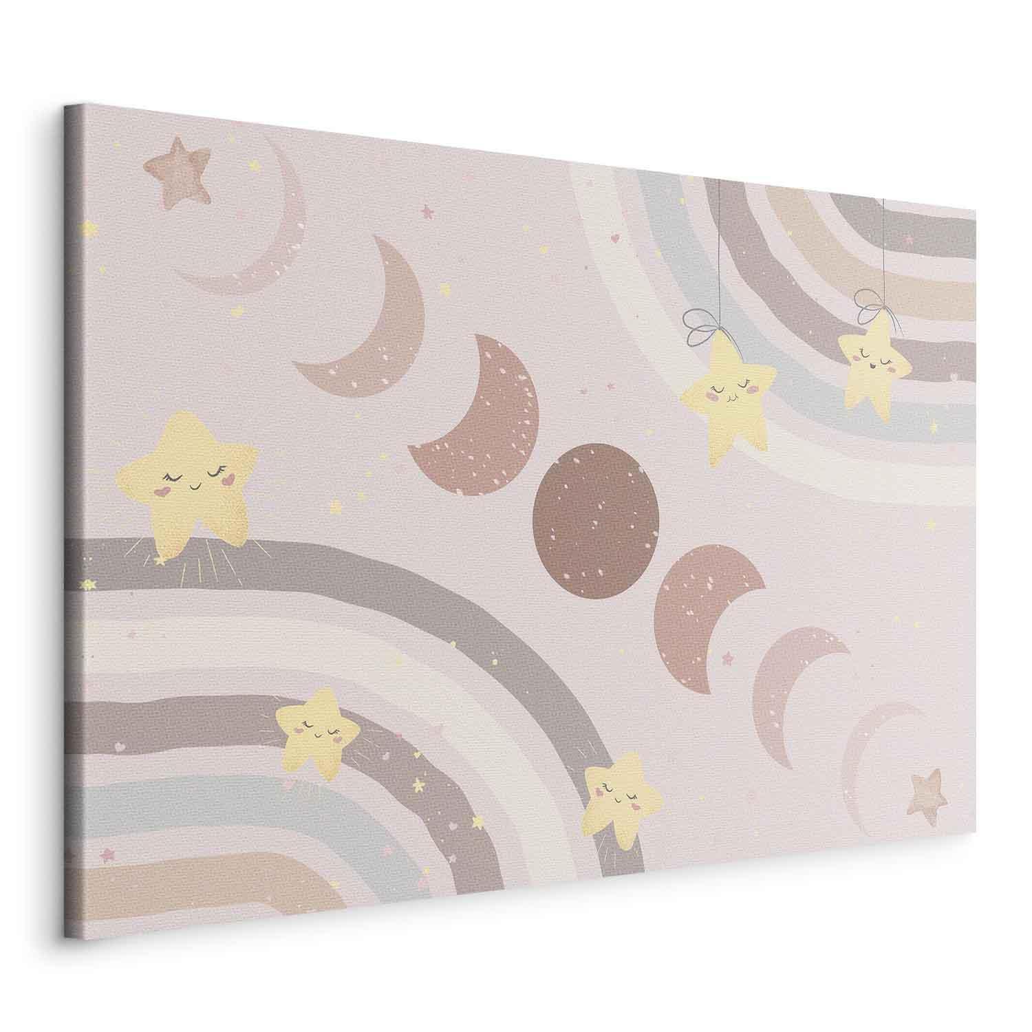 Tableau - Joyful Sky - Yellow Cheerful Stars with a Rainbow Against the Phases of the Moon in a Light Beige Sky Hue