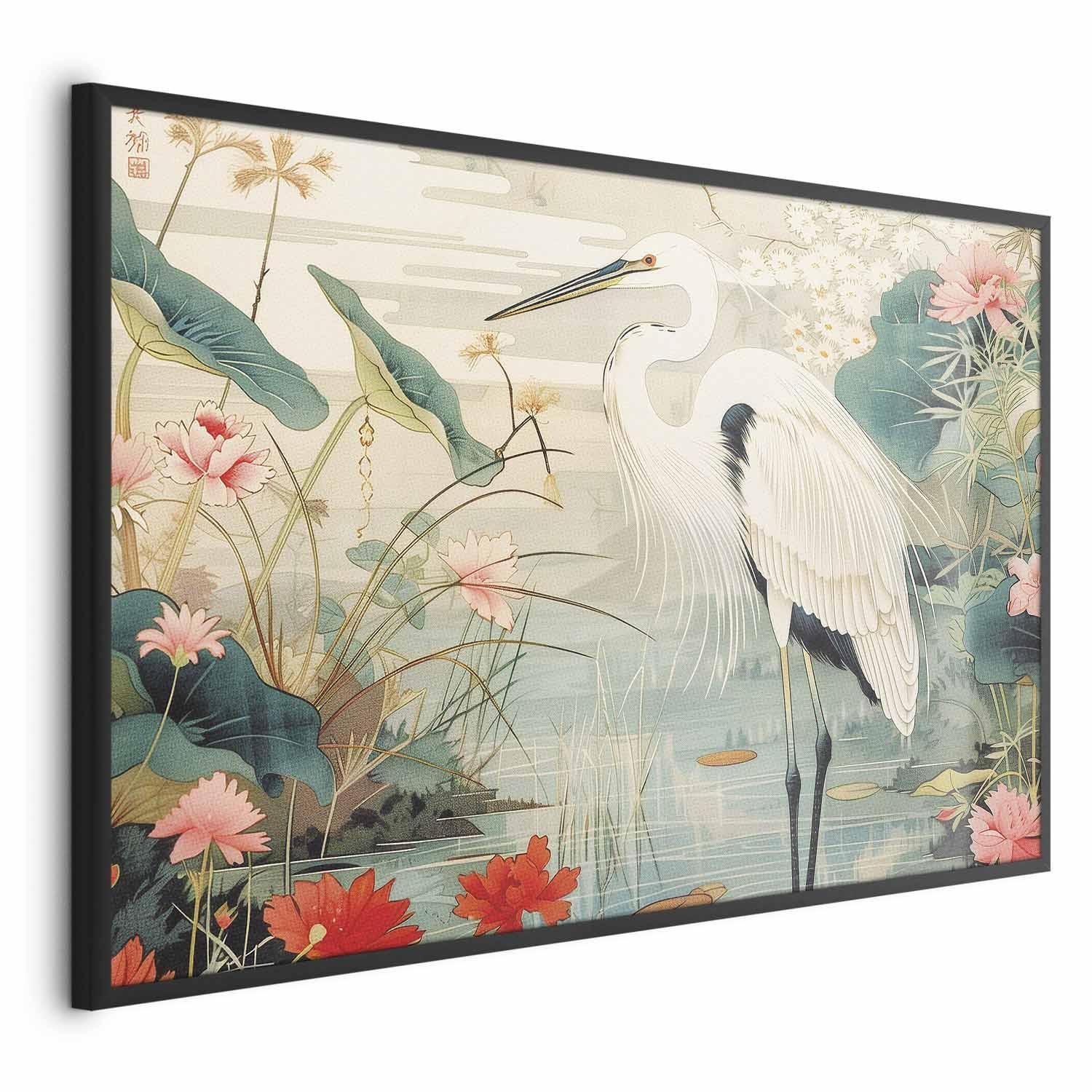 Poster - Over the Asian Pond - illustration in the Japanese print style featuring a heron