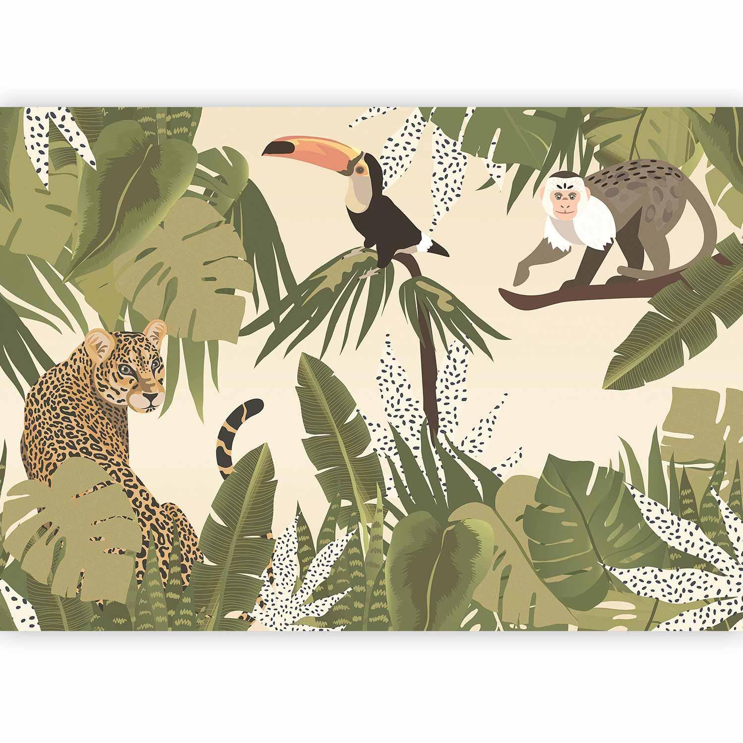 Papier peint - Leaves and Shapes - Jungle in Faded Colours With Animals