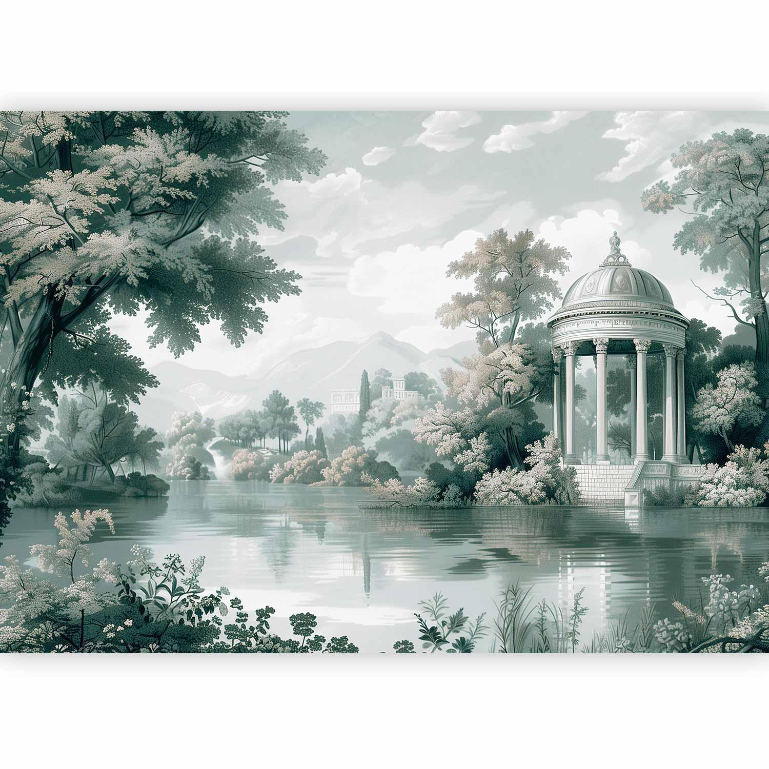 Papier peint - View of the Park and Lake Retro Vintage Landscape in Greens