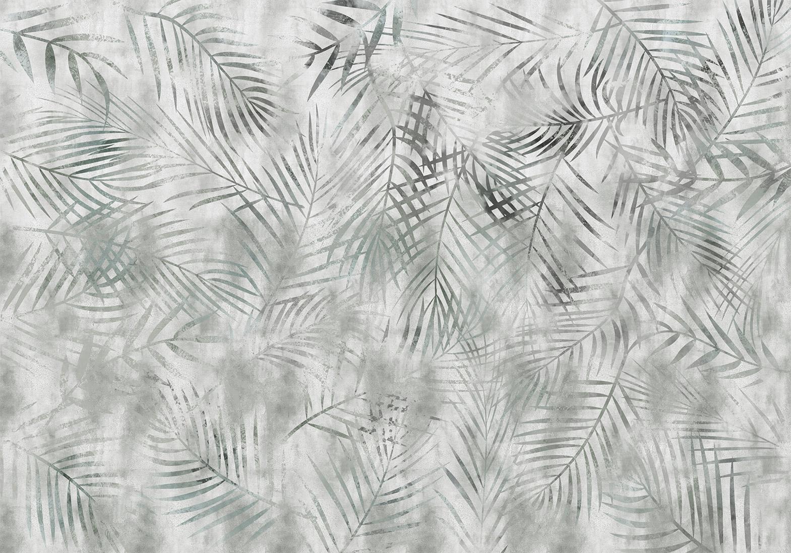 Papier peint - Minimalist landscape - nature motif with grey exotic leaves