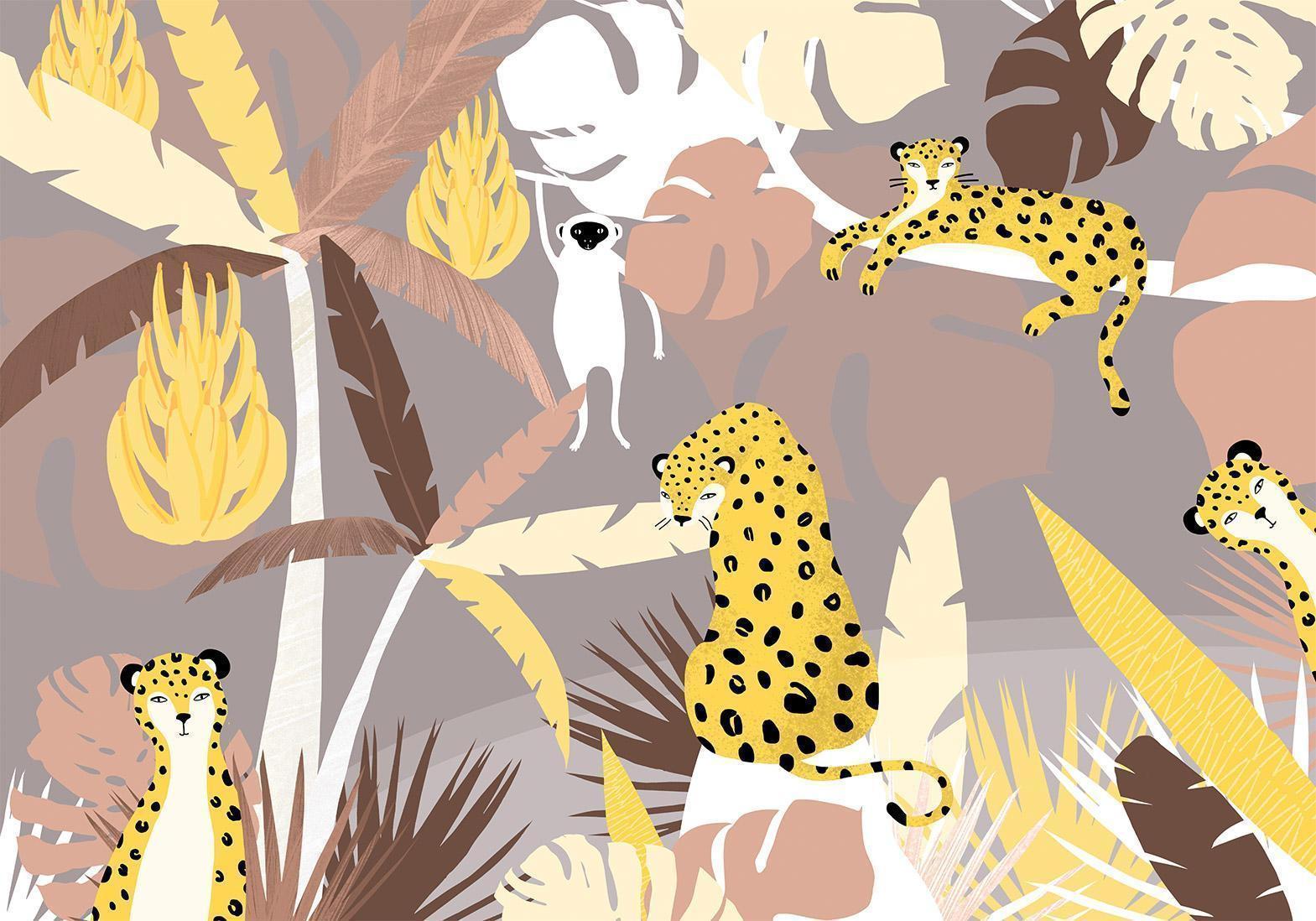 Papier peint - Cheetahs in the jungle - landscape with exotic animals with palm trees for children