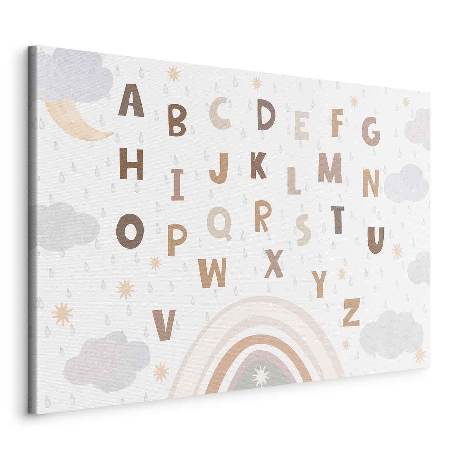 Tableau - Letters Above the Rainbow - Letters Among Streams of Rain and Clouds with a Rainbow Moon and Stars on a Light Background