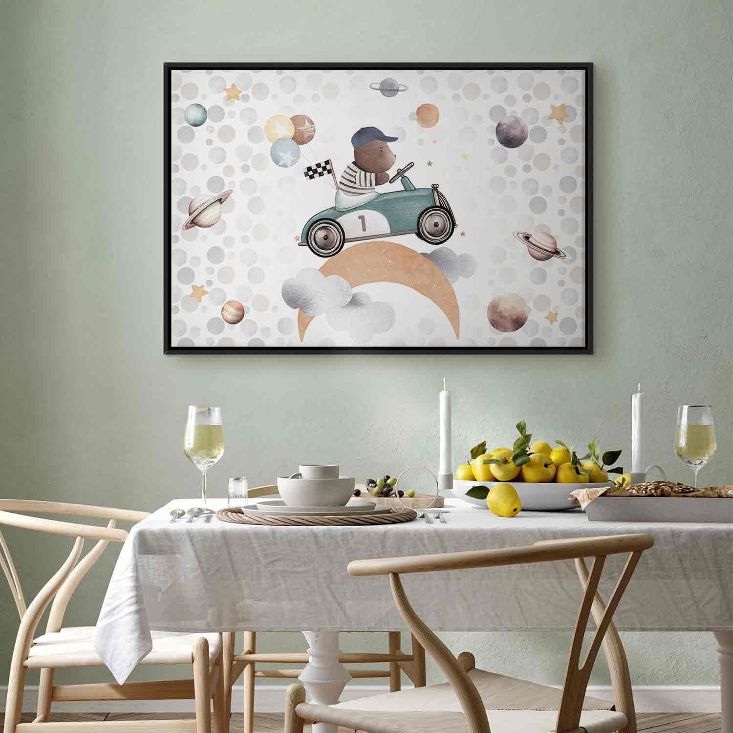 Tableau - Galactic Races - A Bear Participating in Car Races Among Planets Clouds and Stars in Pastel Hues