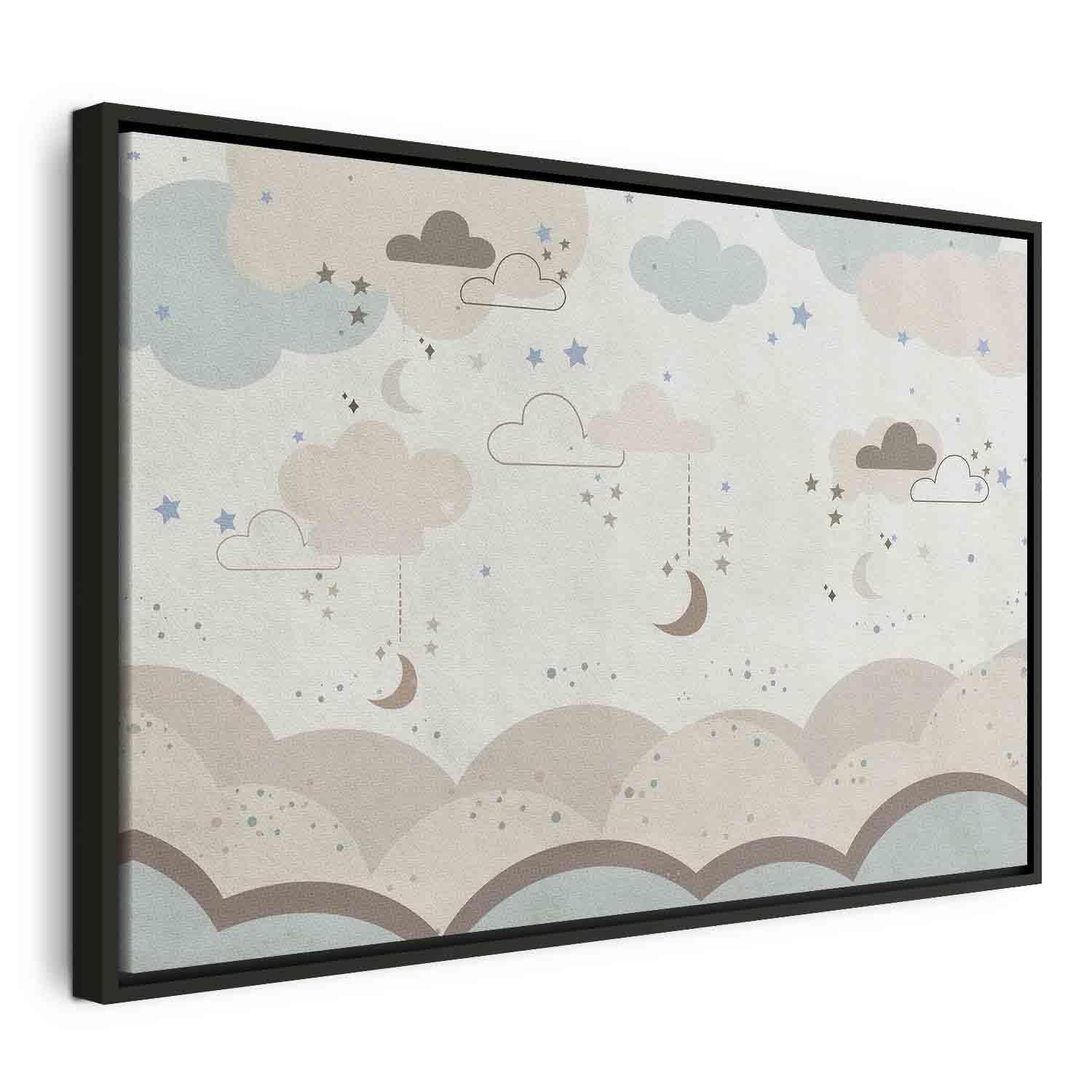 Tableau - Cloudy Night Sky - Moons in Brown and Beige Hues Among Clouds and Numerous Little Stars on a Light Background