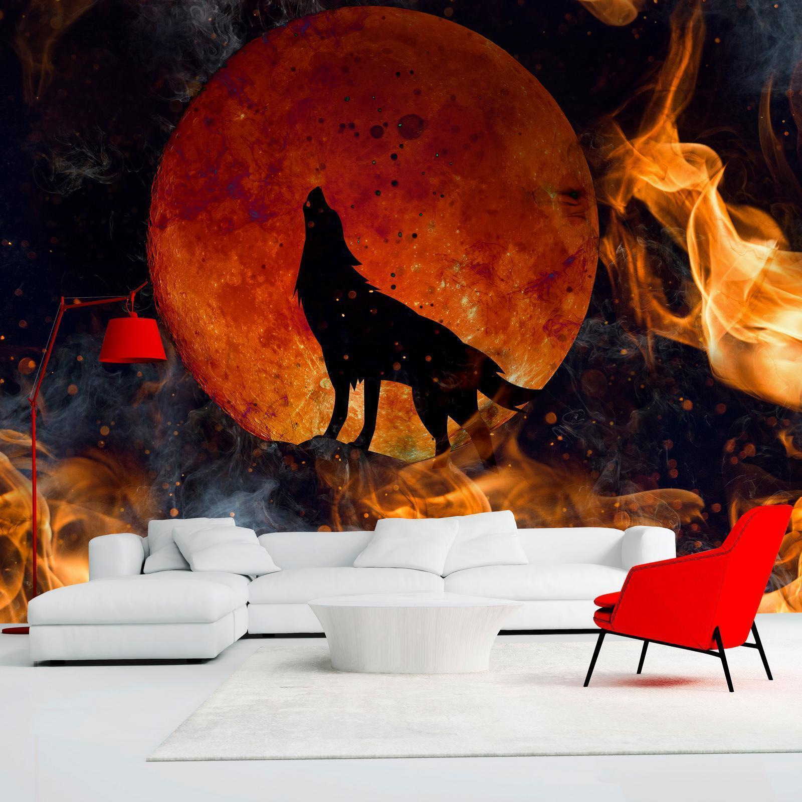 Papier peint - Wild nature - wolf on a background of a red moon in flames of fire