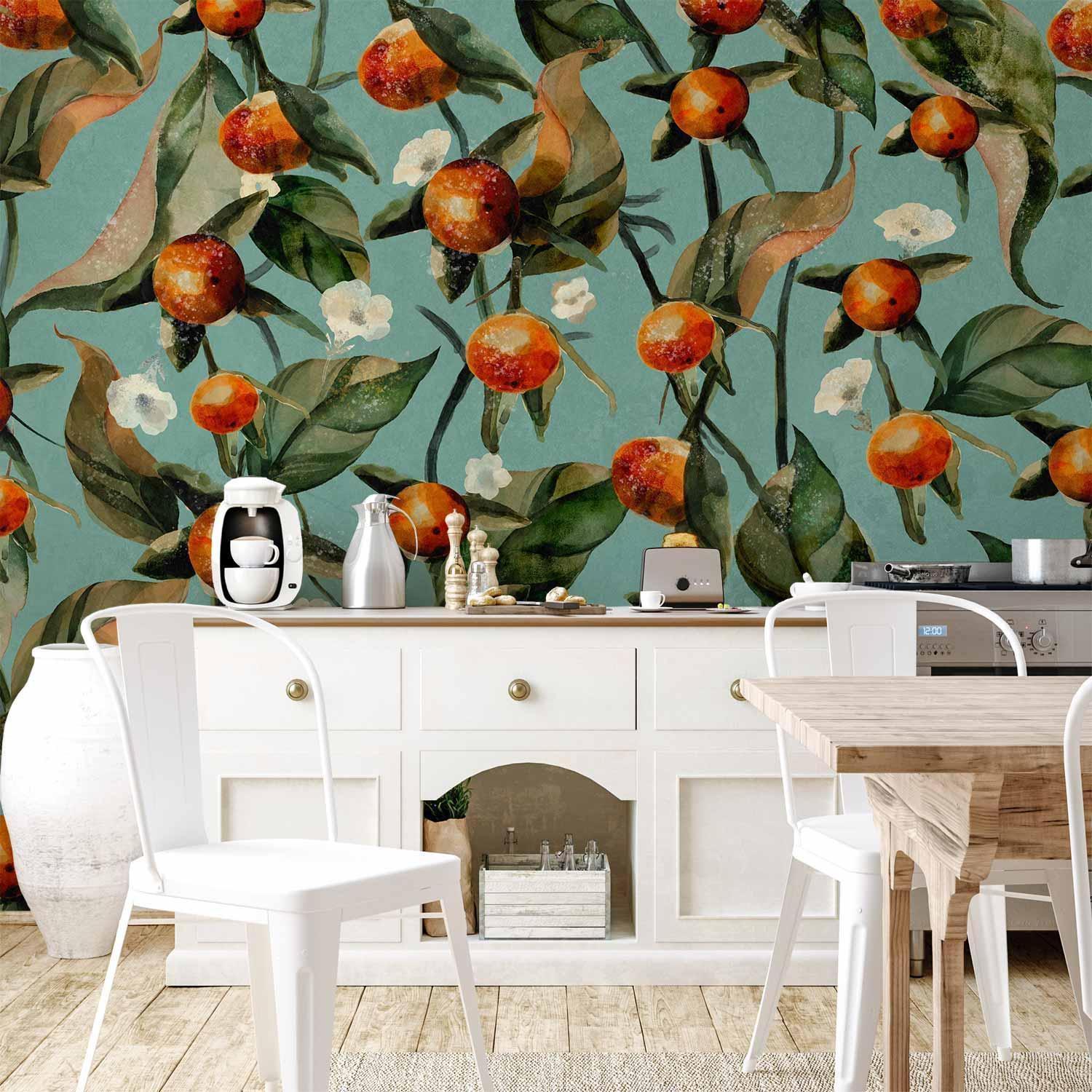 Papier peint - Orange grove - plant motif with fruit and leaves on a blue background