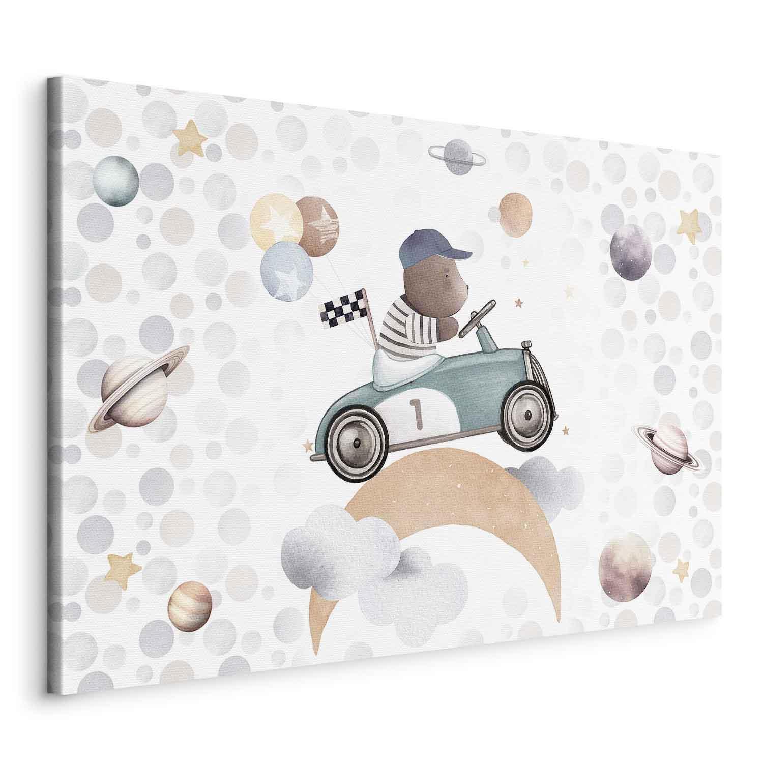 Tableau - Galactic Races - A Bear Participating in Car Races Among Planets Clouds and Stars in Pastel Hues