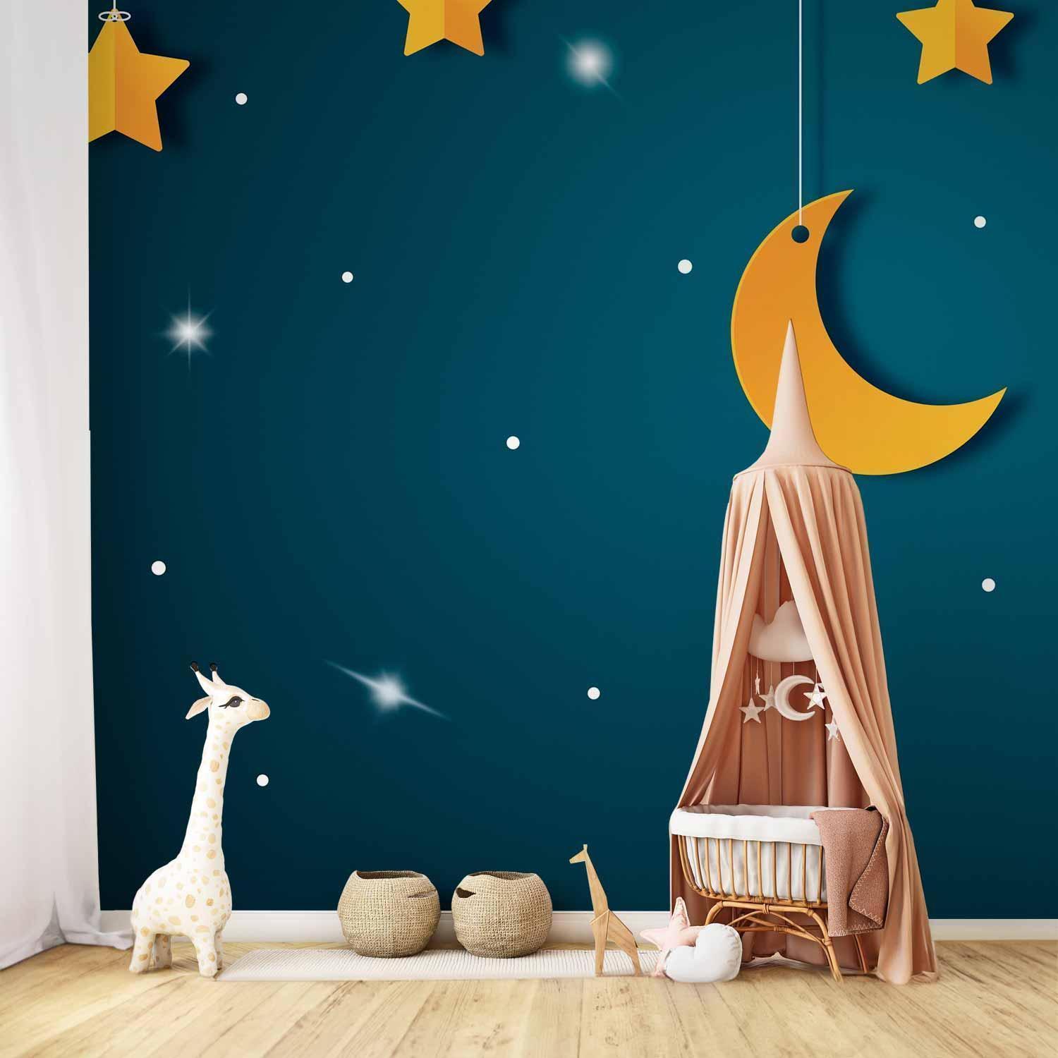 Papier peint - Skyline - turquoise night sky landscape with stars for children