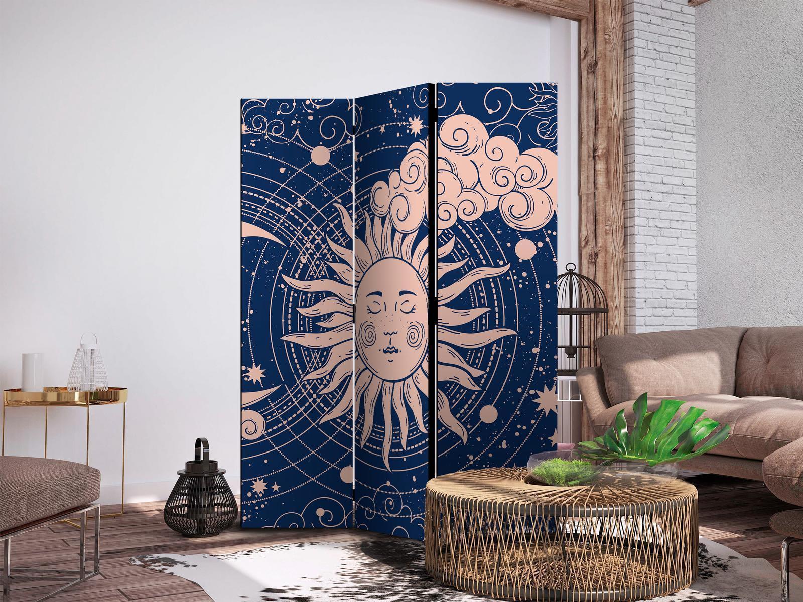 Paravent - Cosmic Harmony - Illustration of the Sun and Moon on a Navy Background