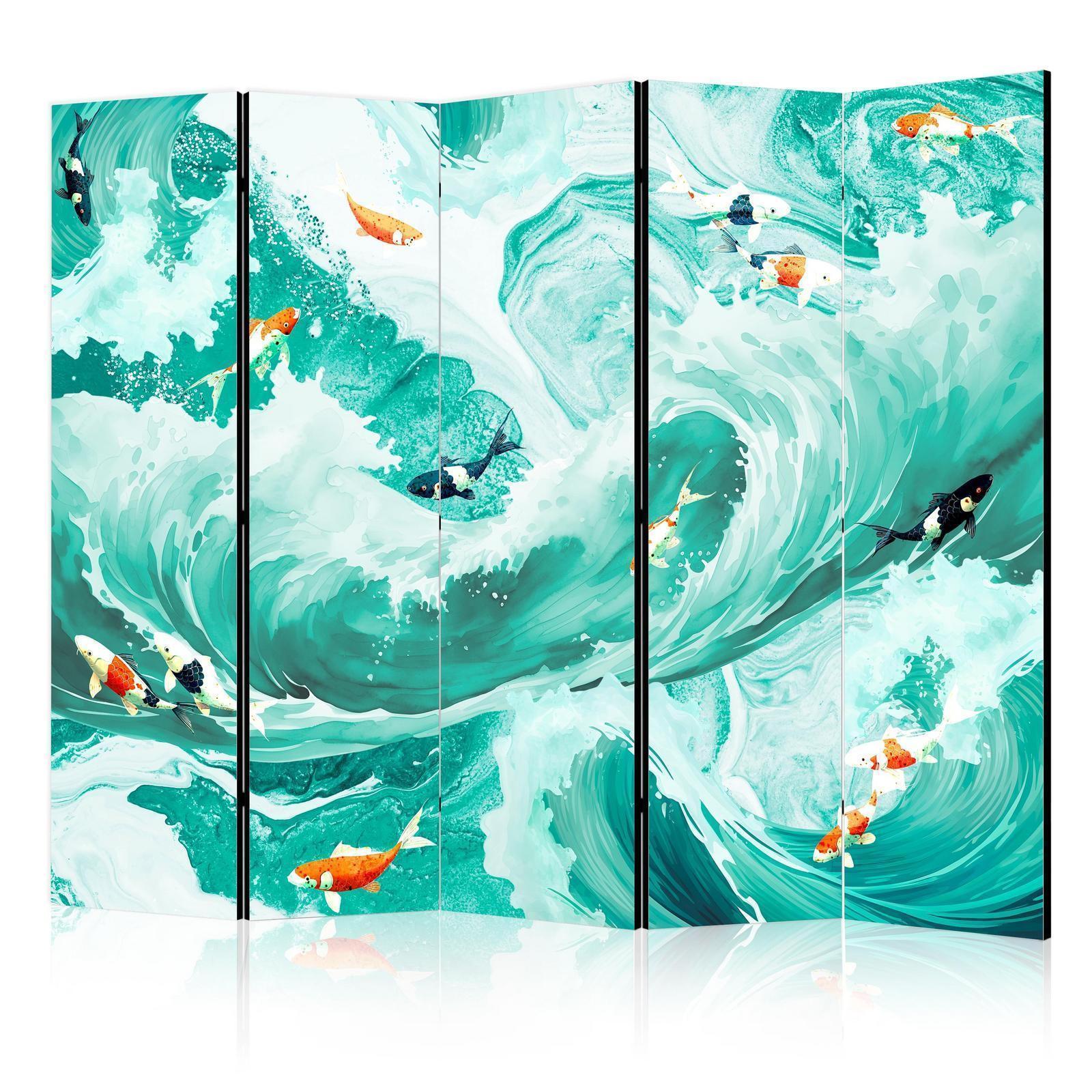 Paravent - Koi Fish Among Waves - Japanese Fish Amid Waves in Shades of Turquoise And White