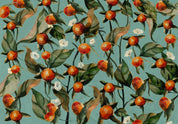 Papier peint - Orange grove - plant motif with fruit and leaves on a blue background
