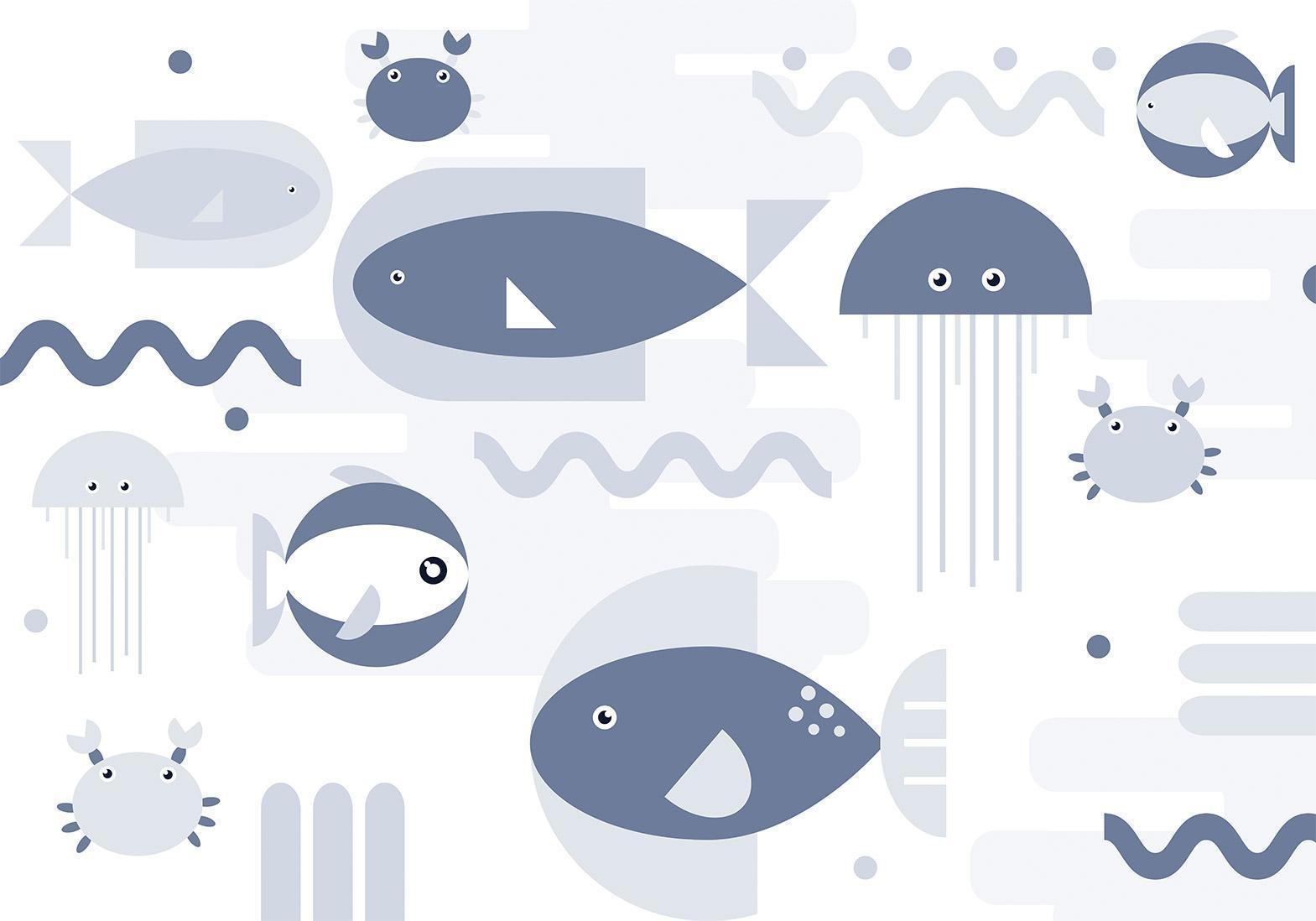 Papier peint - Minimalist ocean - geometric fish and crabs in water for kids