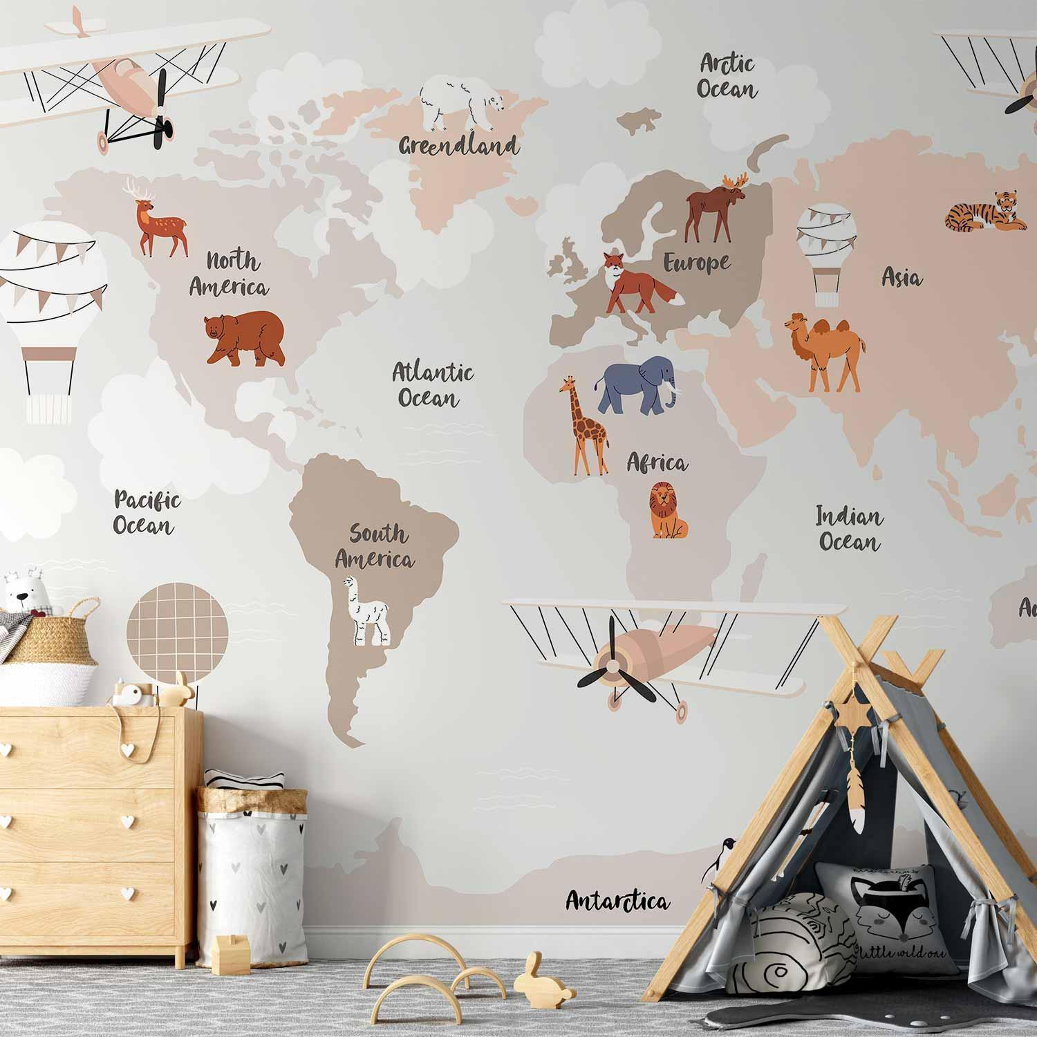 Papier peint - World Map in Beige Tones for Children's Room