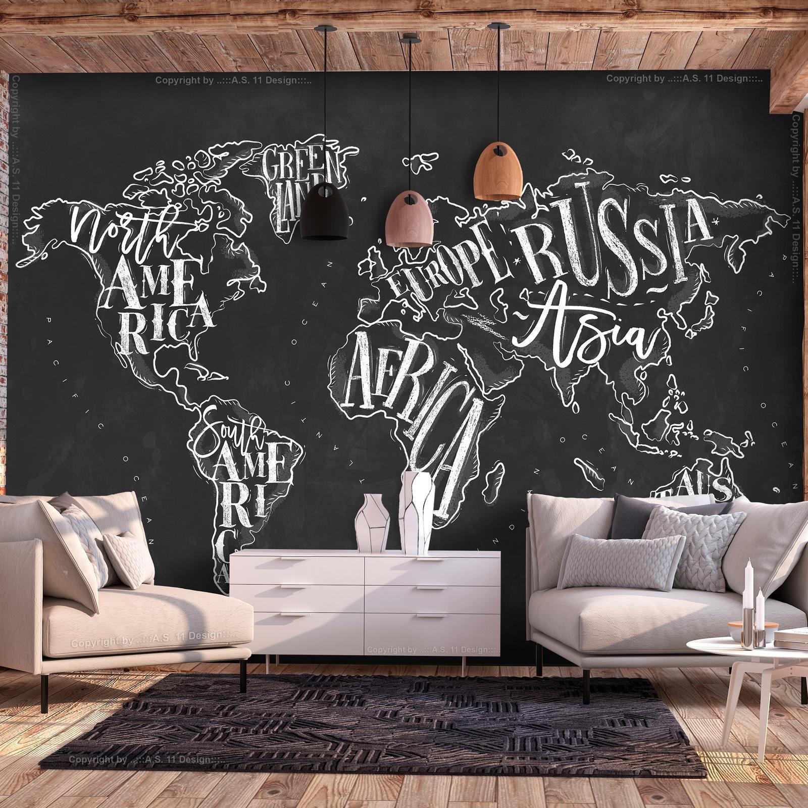 Papier peint - Modern world map - black and white continents with English names