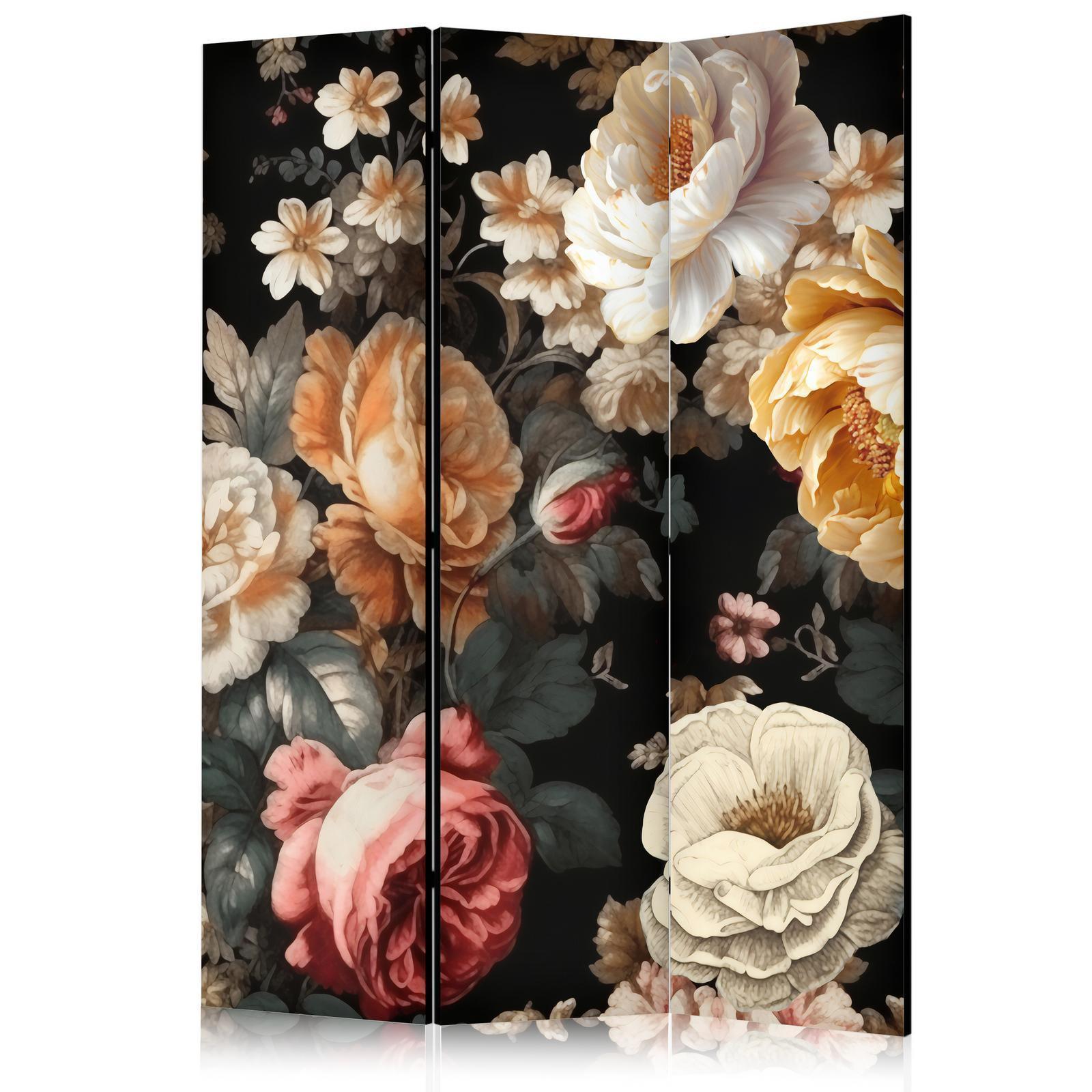 Paravent - Floristry in Vintage Style - a Plethora of Colorful Flowers on a Black Background