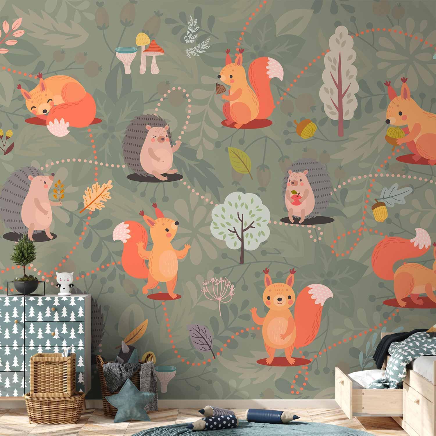 Papier peint - Friends from the forest - colourful forest with mushrooms and animals for children