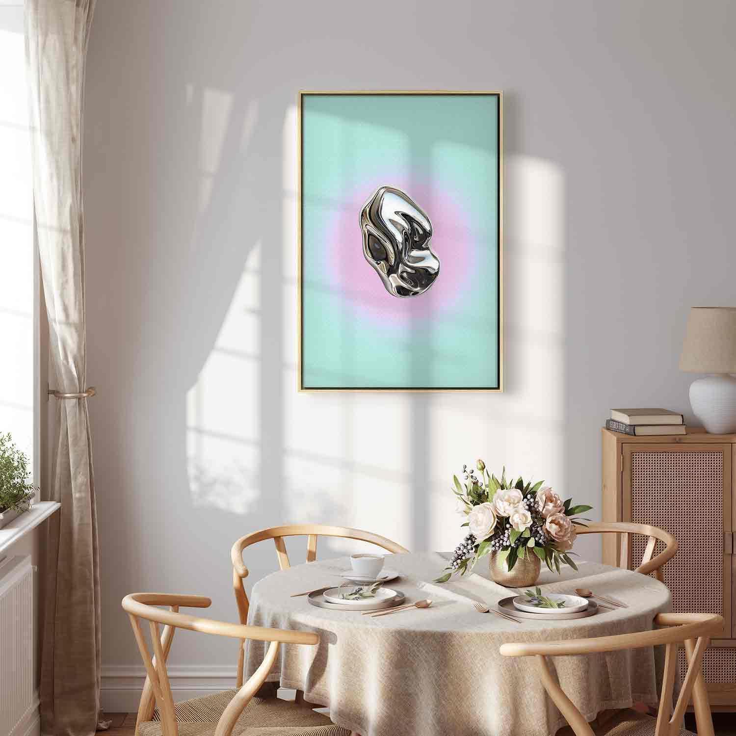 Tableau - Metallic Form - Abstract Sculpture on a Mint Background with a Purple Halo