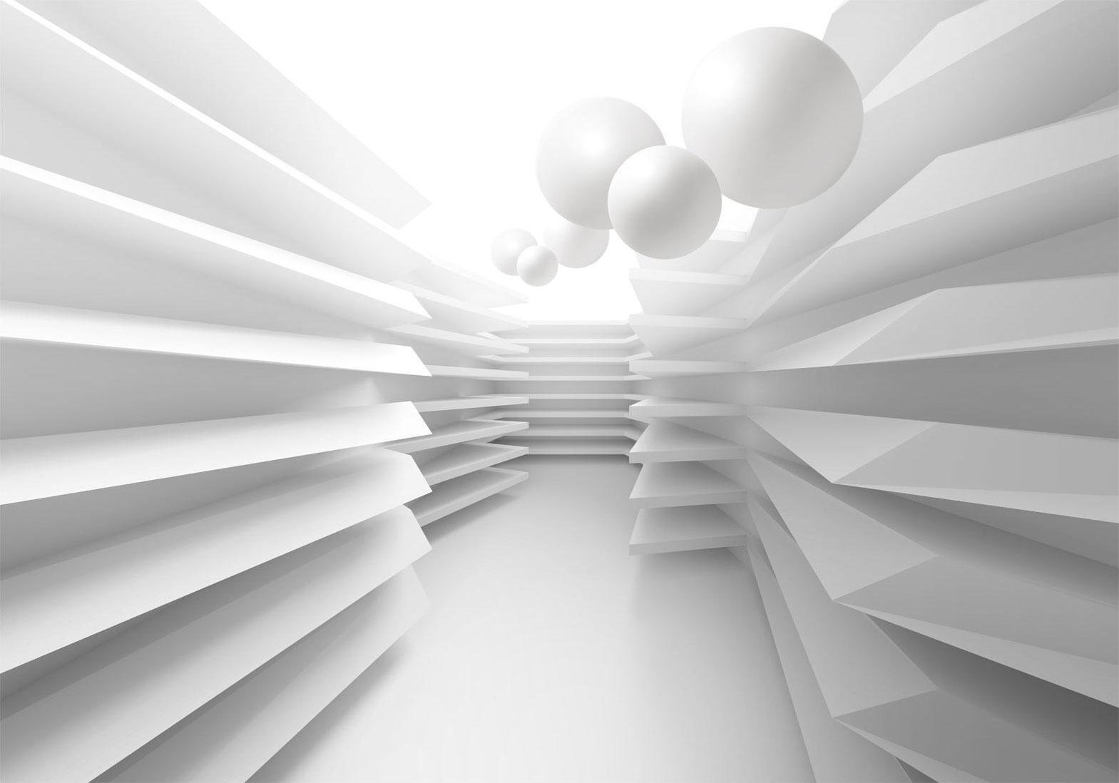 Papier peint - Modern abstraction - white corridor with space effect and spheres