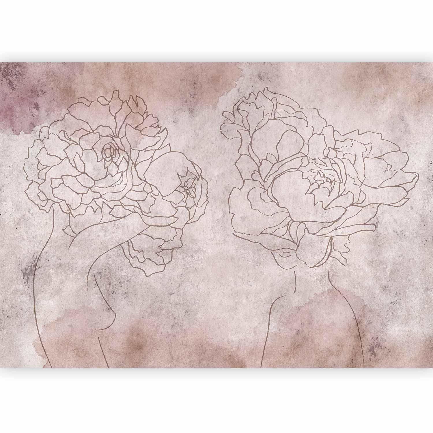 Papier peint - Floristic abstraction - lineart style silhouettes of people with flowers