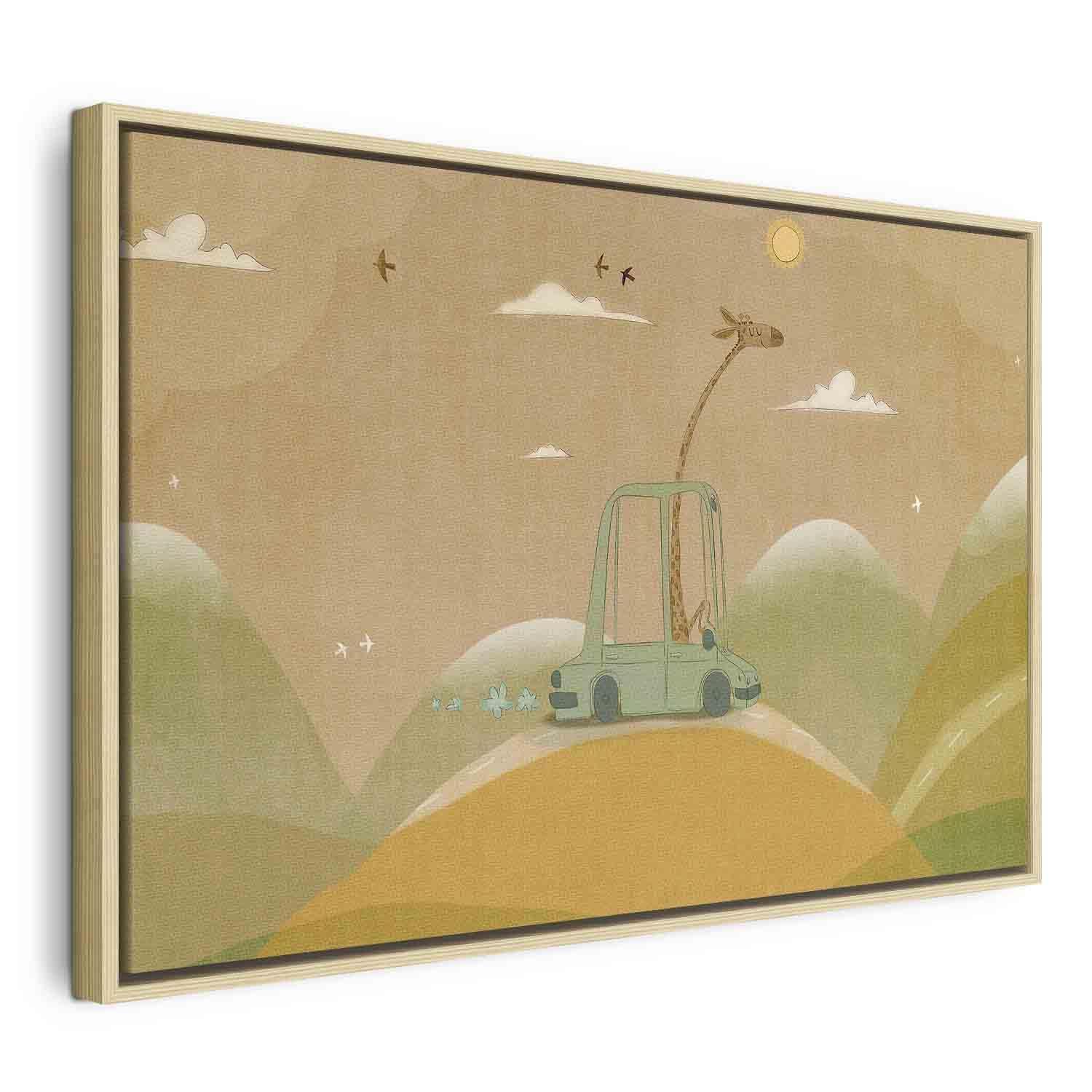 Tableau - Dreamy Traveler - A Cheerful Giraffe Driving a Car on a Sunny Day