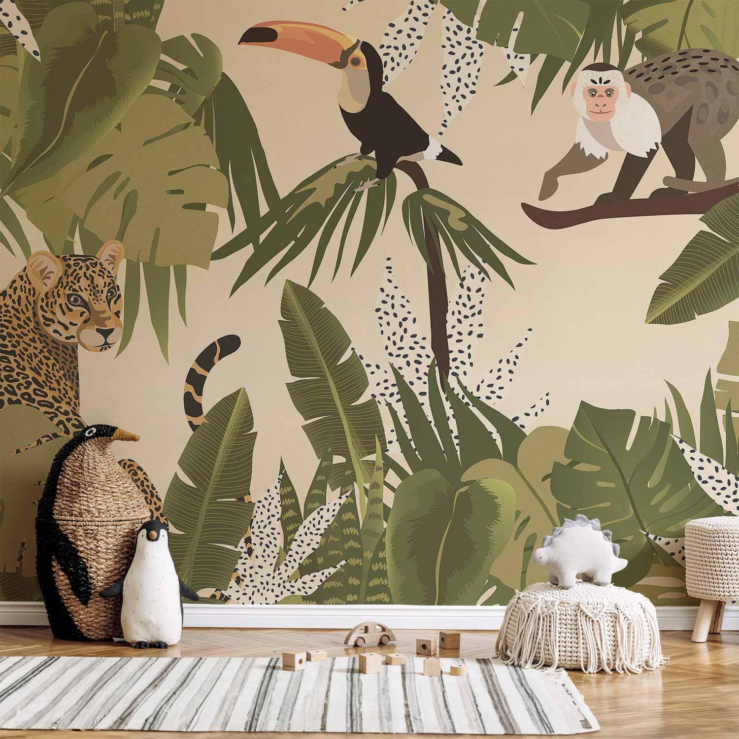 Papier peint - Leaves and Shapes - Jungle in Faded Colours With Animals