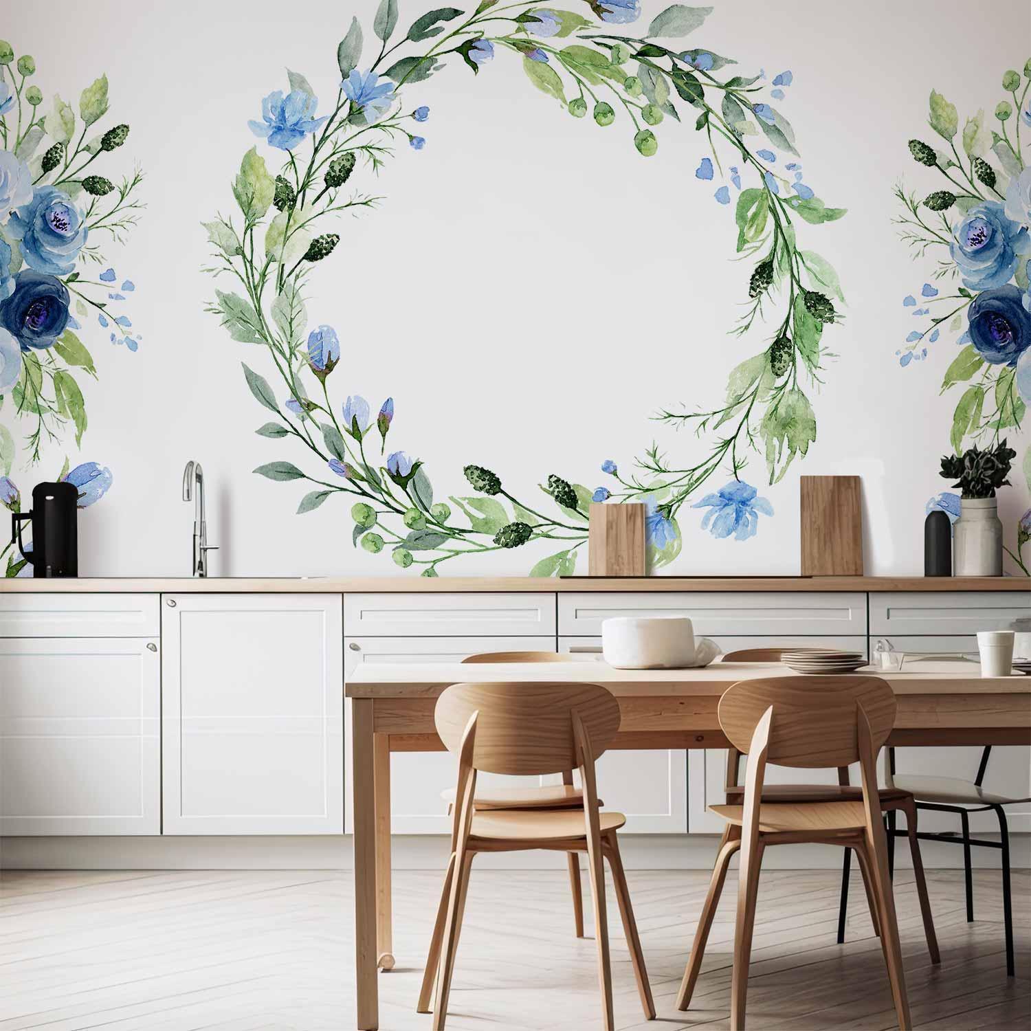 Papier peint - Romantic wreath - plant motif with blue flowers and leaves