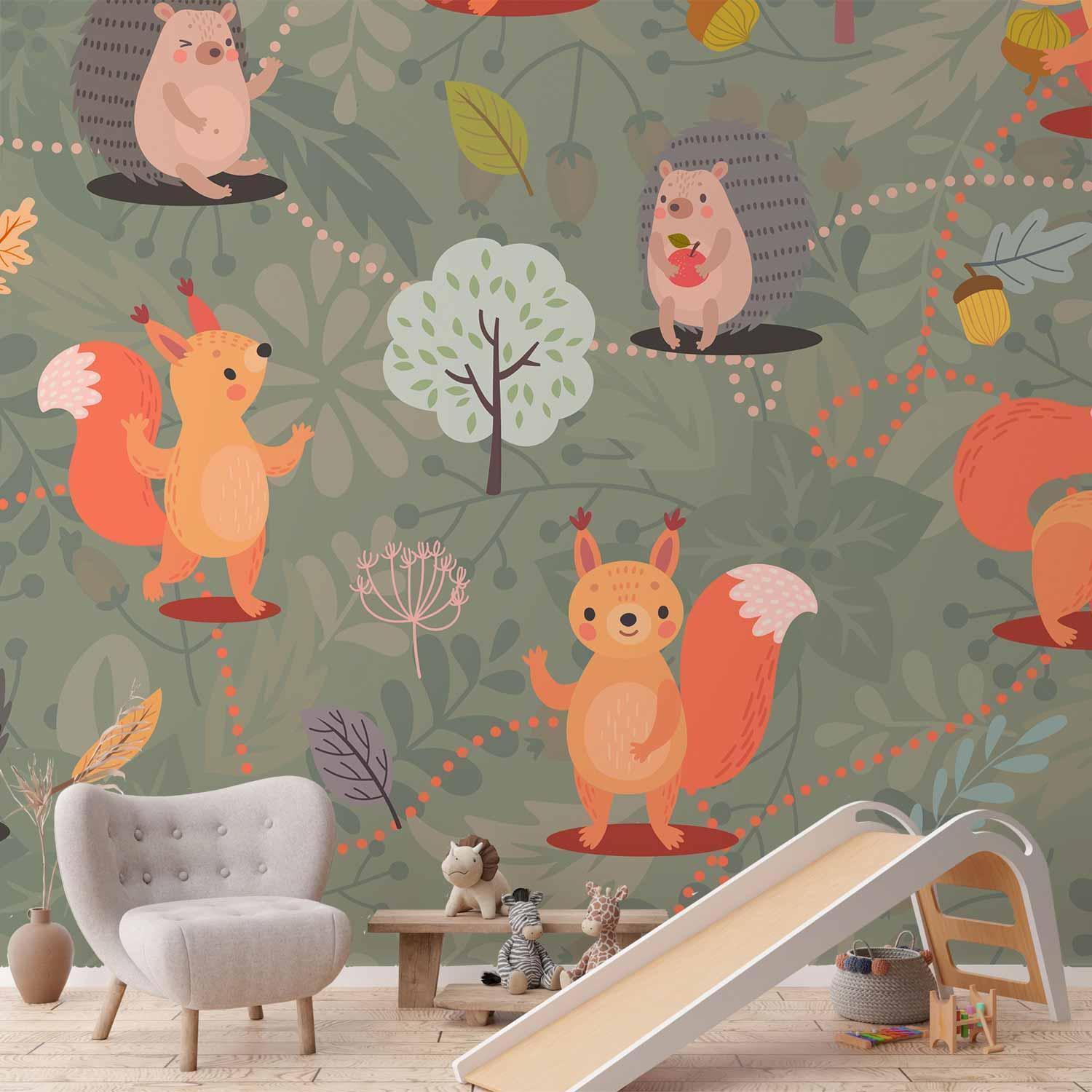 Papier peint - Friends from the forest - colourful forest with mushrooms and animals for children