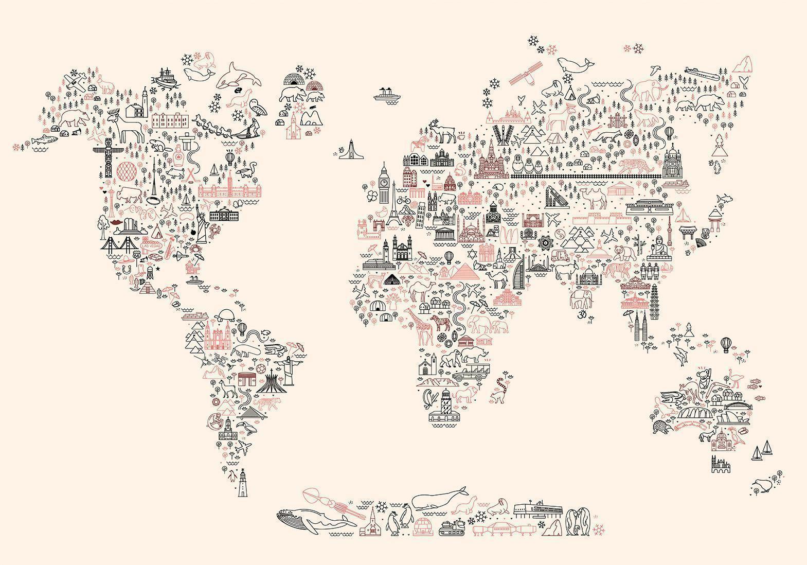 Papier peint - Map With Icons - Cartoon Representation of the World in Pastel Colours