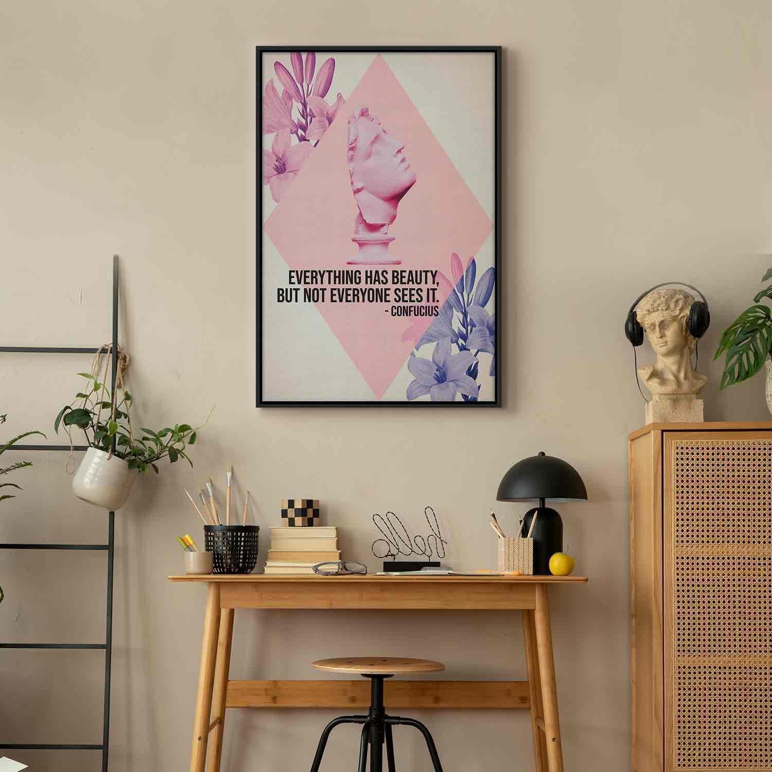 Tableau - Beauty in the Eyes - Inspirational Quote with Pink Bust and Flowers