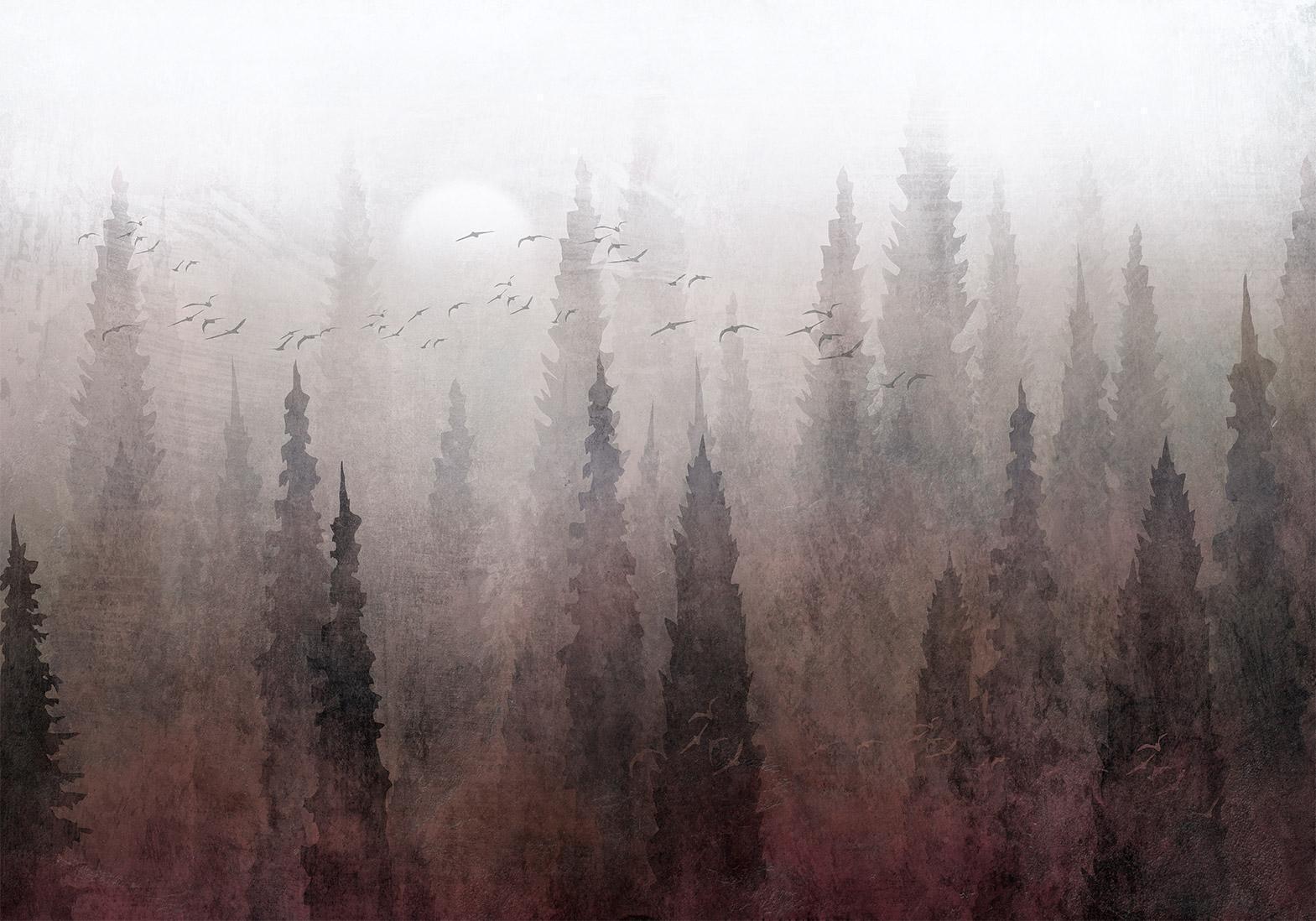 Papier peint - Bird's flight over treetops - landscape of a dark forest in fog