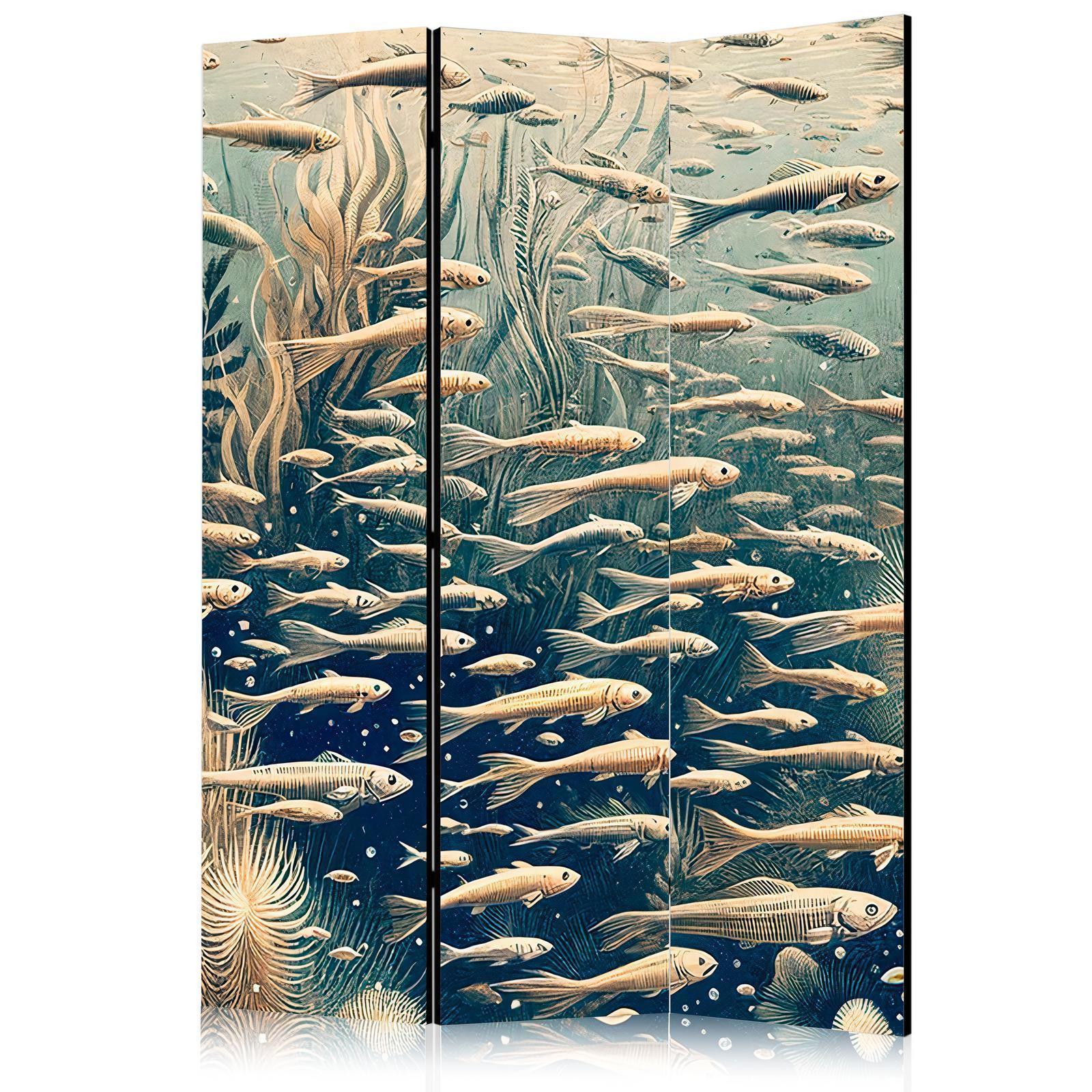 Paravent - Life in the Ocean - Underwater World of Fish and Vegetation in Beige and Navy Colors in Retro Style