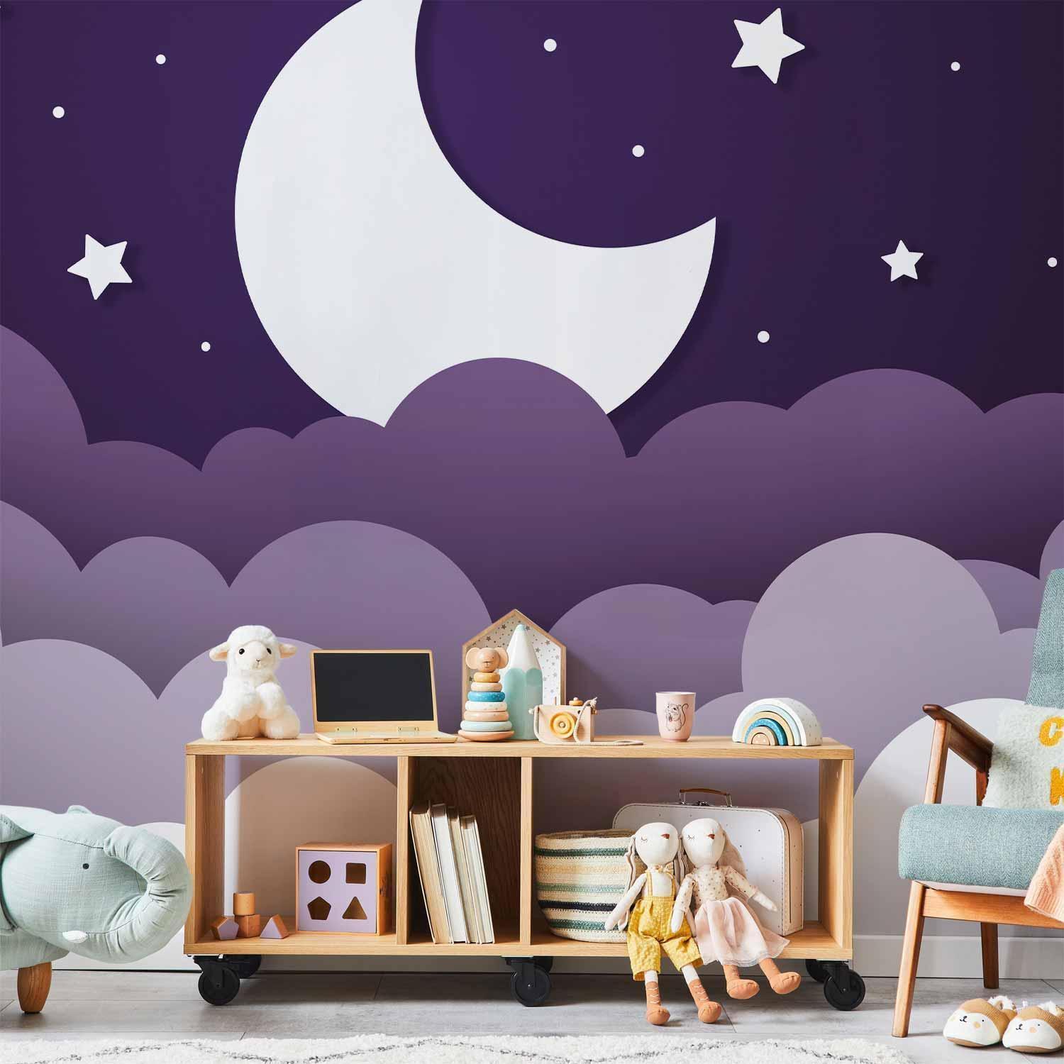 Papier peint - Moon dream - clouds in a purple sky with stars for children