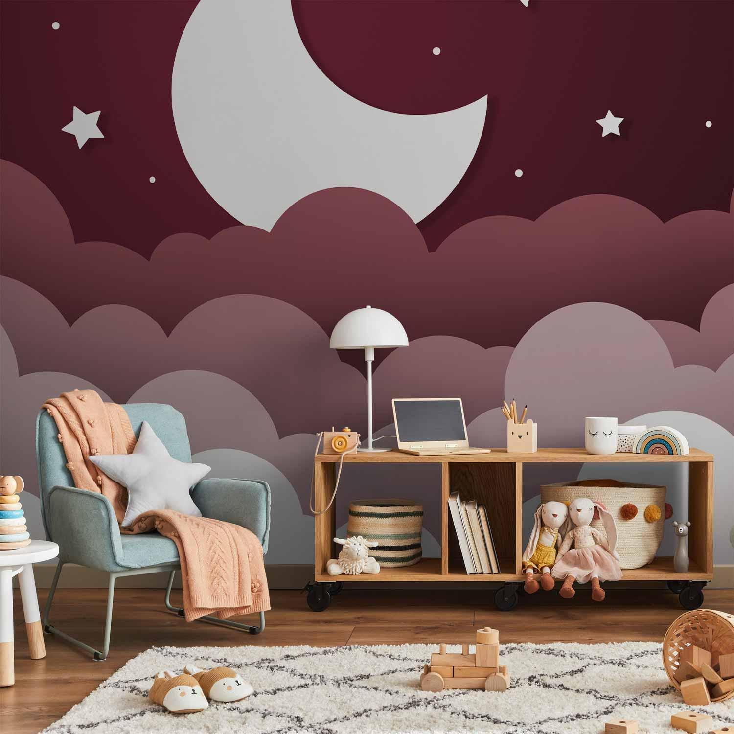 Papier peint - Moon dream - clouds in a maroon sky with stars for children